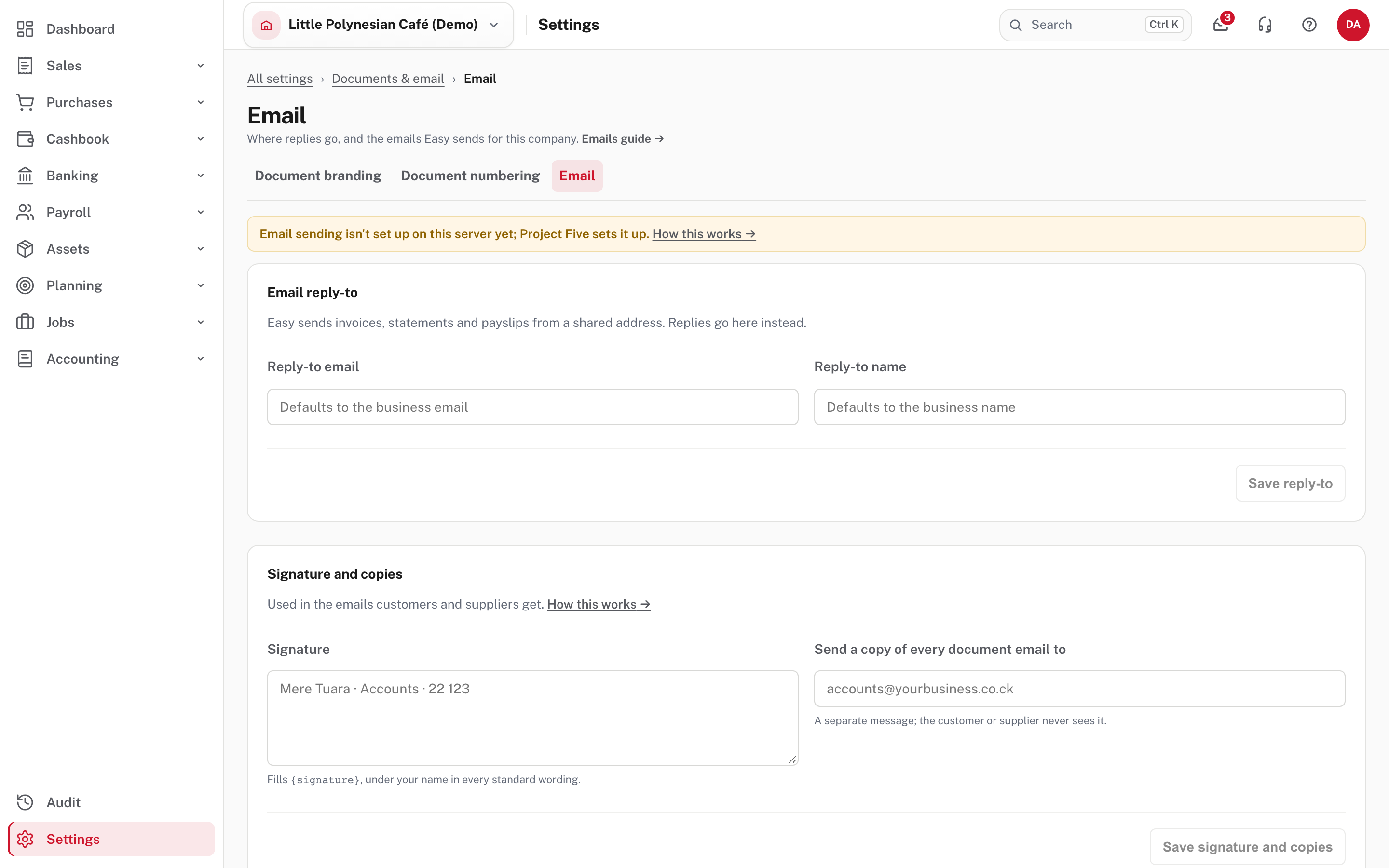 Email settings: the not-set-up note, the reply-to address and the signature