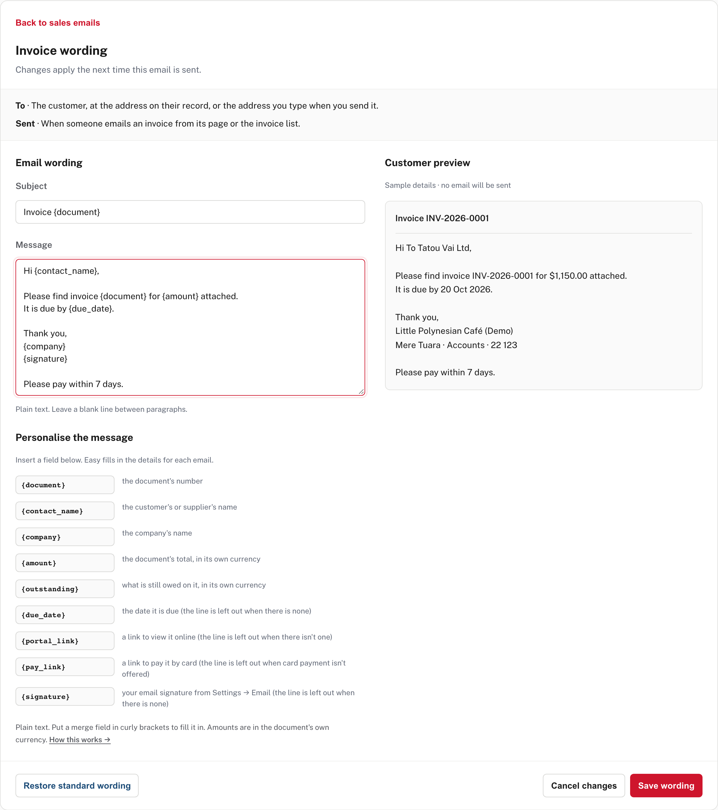 The wording editor: subject, message, the merge fields, a preview with sample details and the buttons