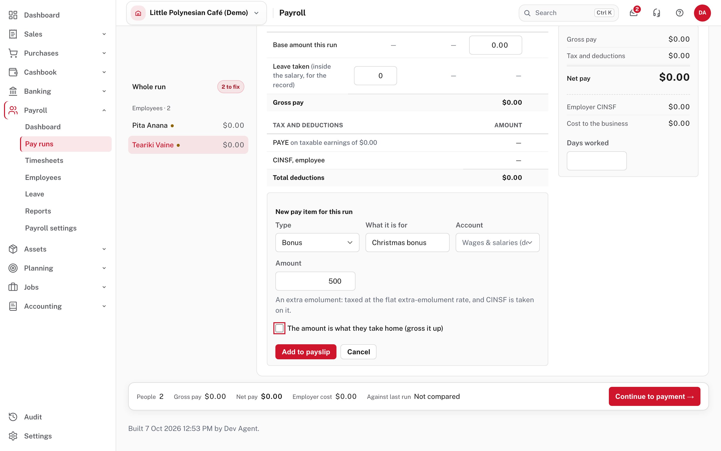 New pay item for this run: the type, what it is for, the account and the amount
