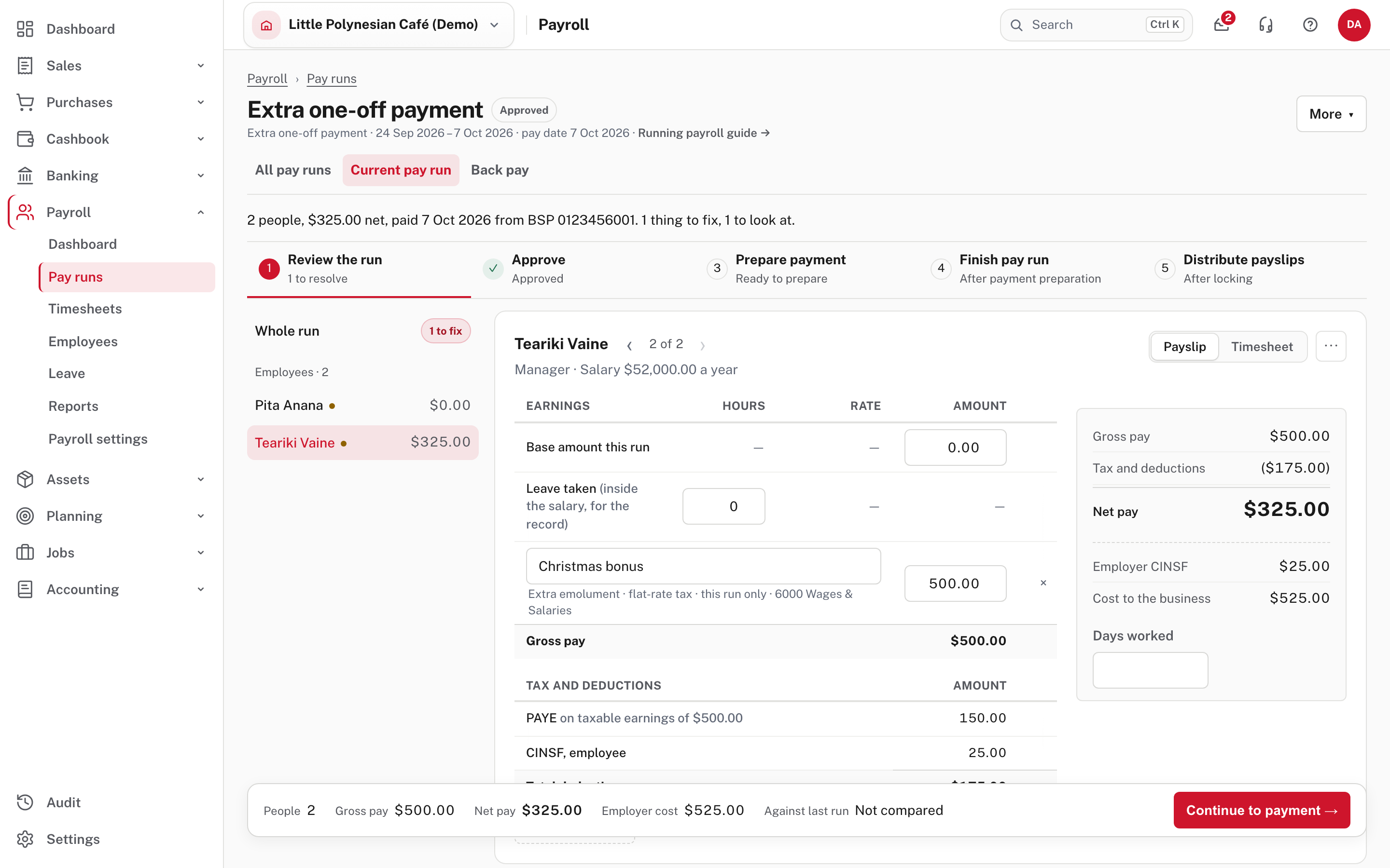 The bonus on the payslip: $500 gross, PAYE and CINSF taken, $325 net, and the employer's CINSF on top