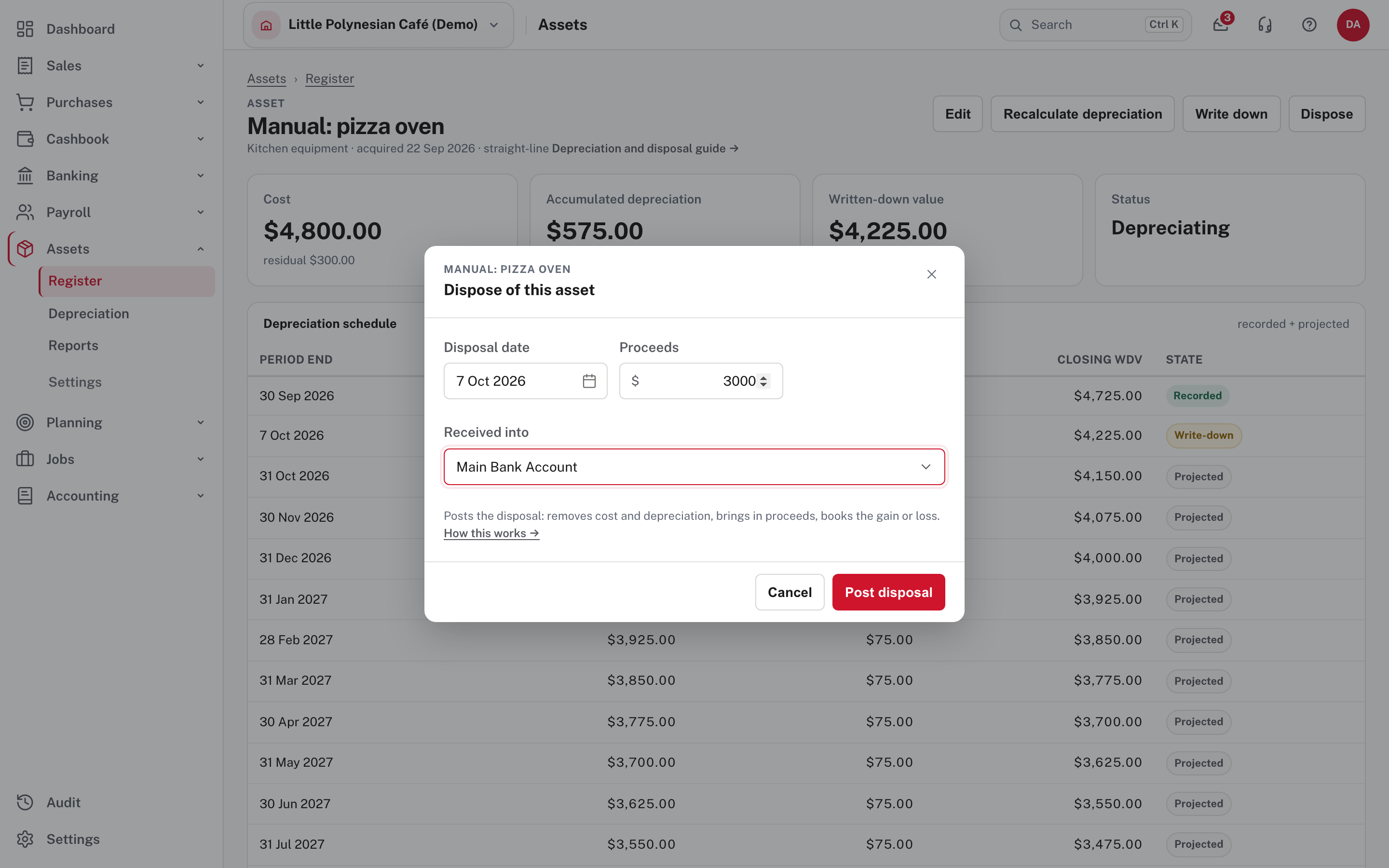 Dispose of this asset: disposal date, proceeds and the account they were received into