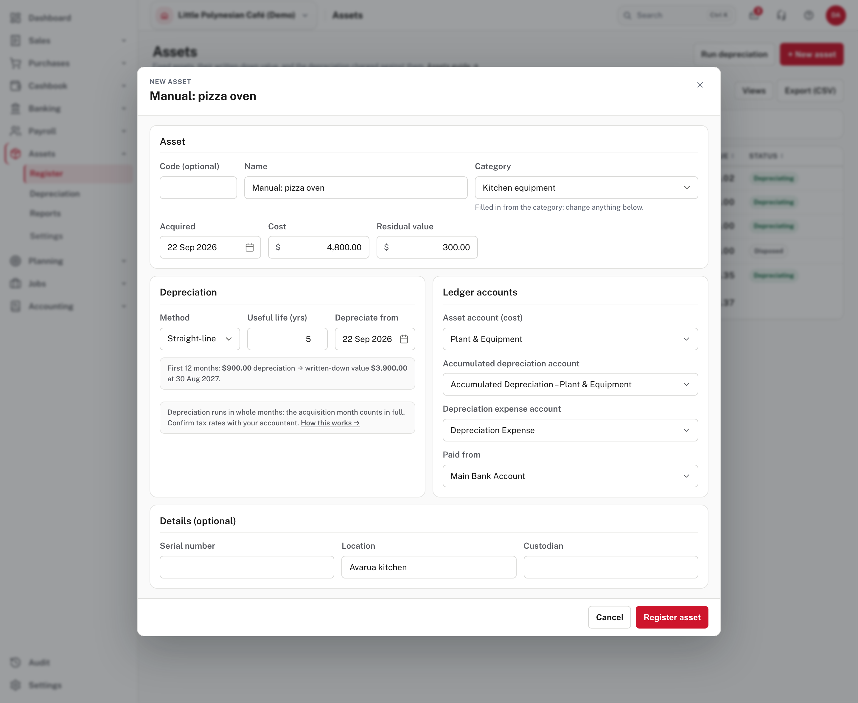 The new asset form: asset, depreciation, ledger accounts and where it was paid from