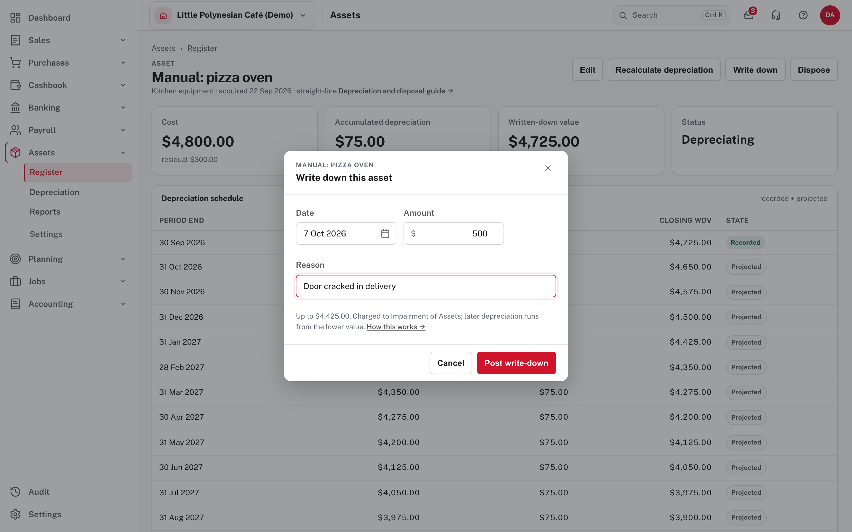 Write down this asset: date, amount and reason