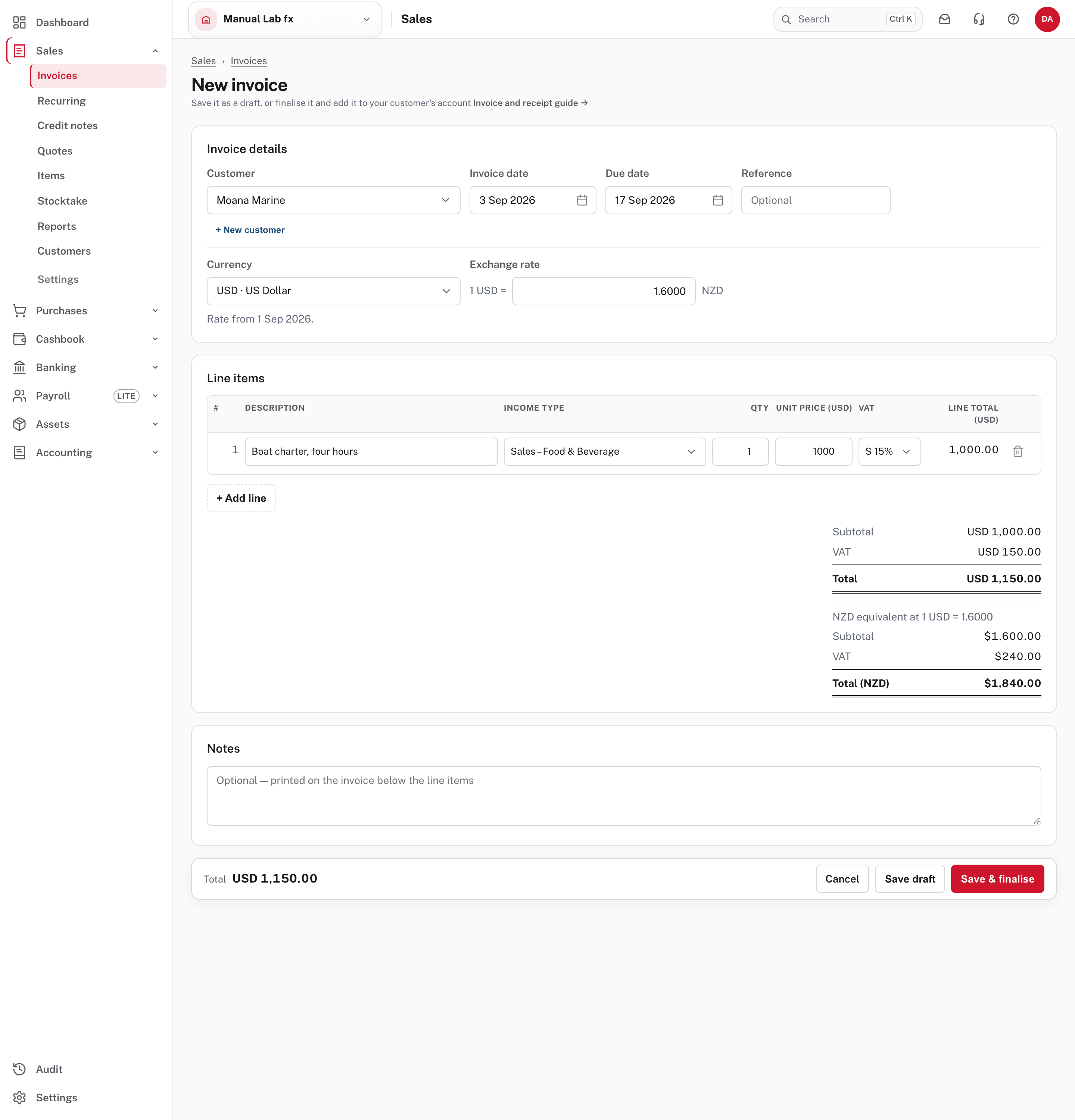 The invoice editor: a Currency box, the rate for the invoice date, the totals in USD and the NZD equivalent