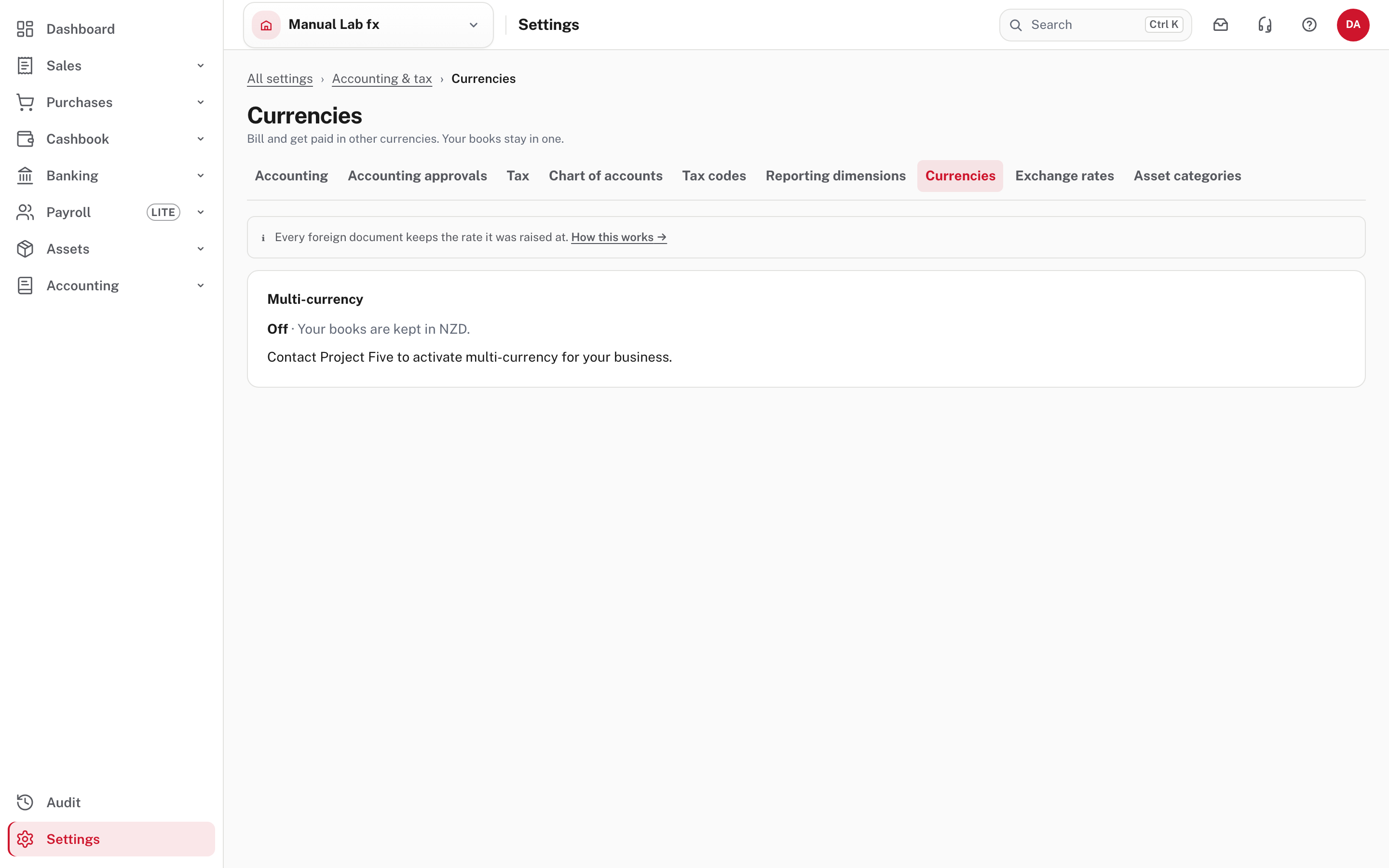 Currencies while multi-currency is off: "Contact Project Five to activate multi-currency for your business"