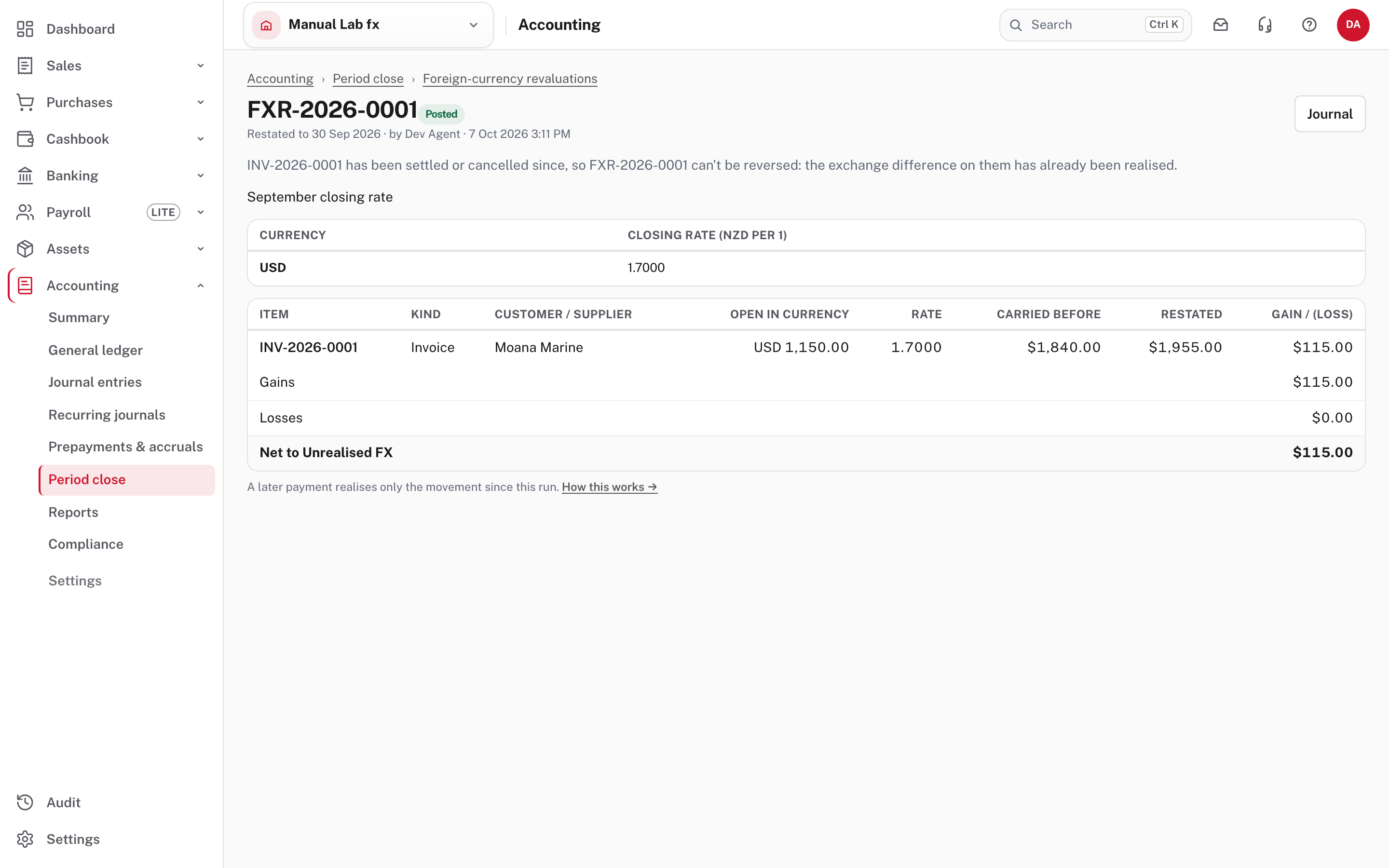 The posted run FXR-2026-0001: the closing rate, each item before and after, and the net to Unrealised FX