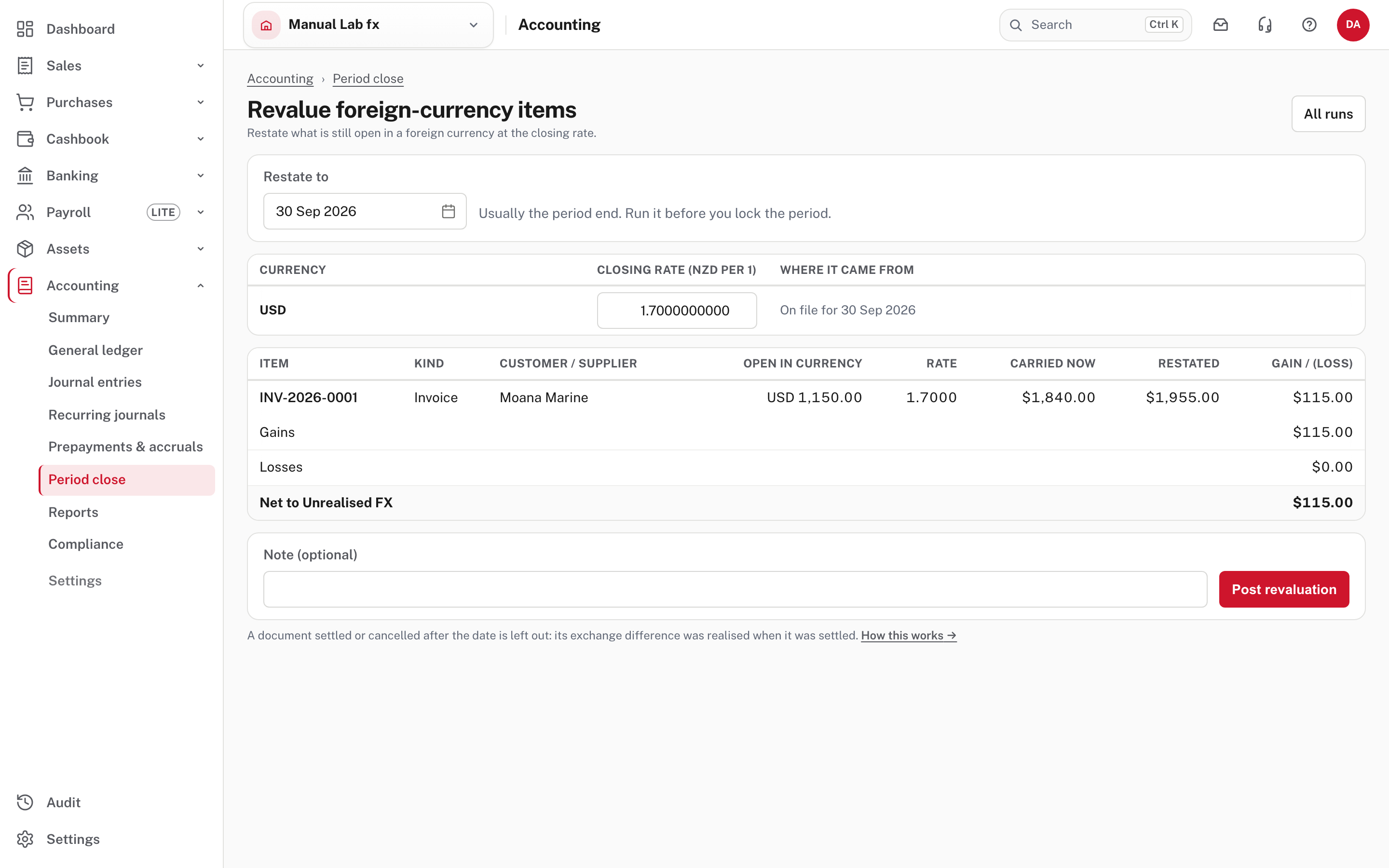 Revalue foreign-currency items: the restate-to date, the closing rate, and every open item with its gain or loss