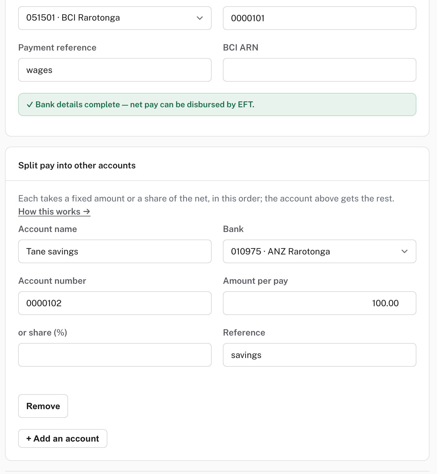 Bank details: the main account and the split-pay account with its fixed amount