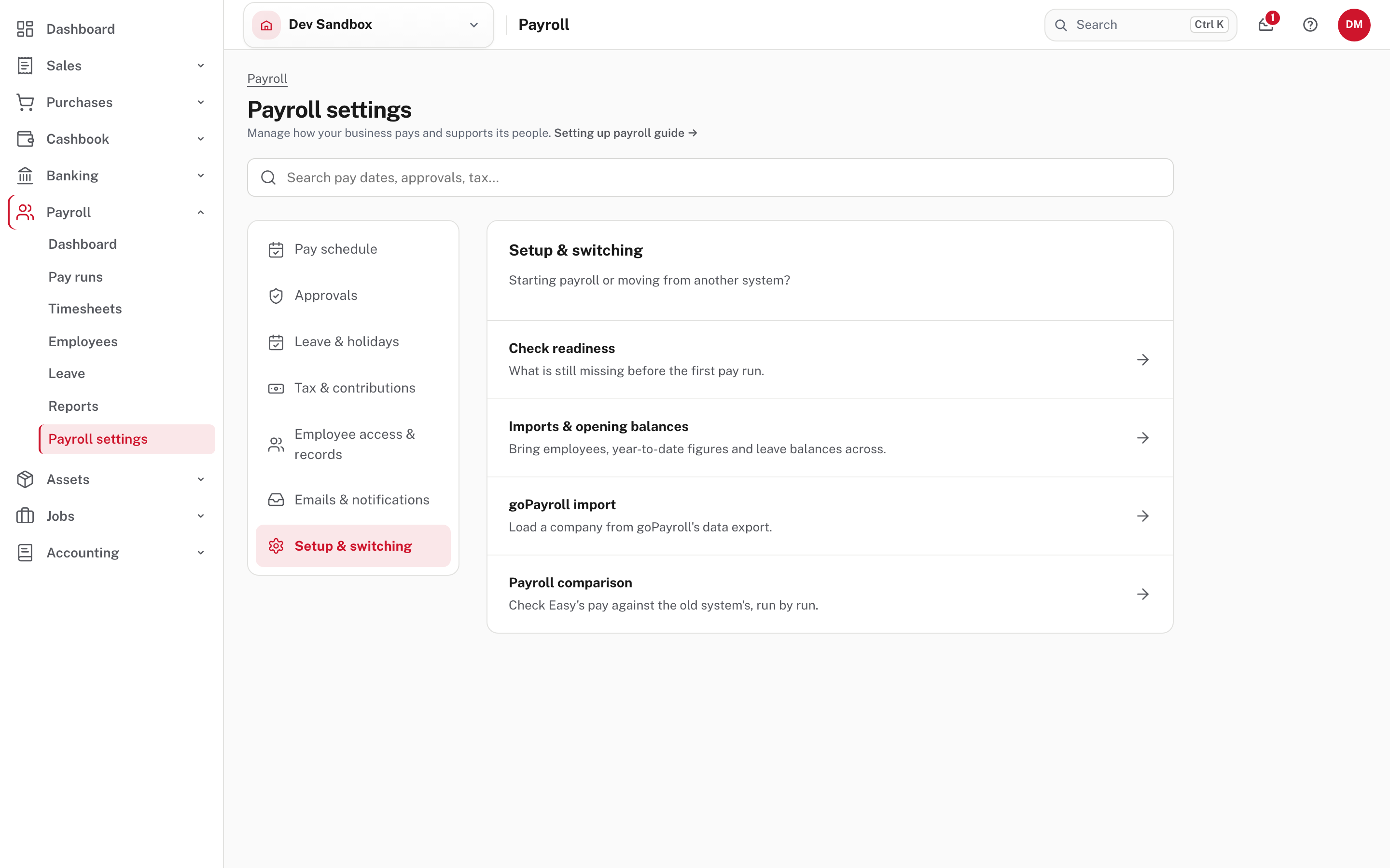 Setup & switching: Check readiness, Imports & opening balances, goPayroll import and Payroll comparison