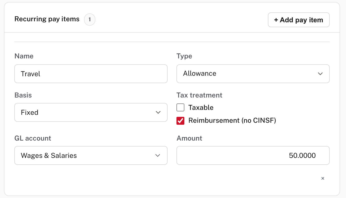 Recurring pay items: a fixed $50 Travel allowance, not taxable, marked as a reimbursement with no CINSF