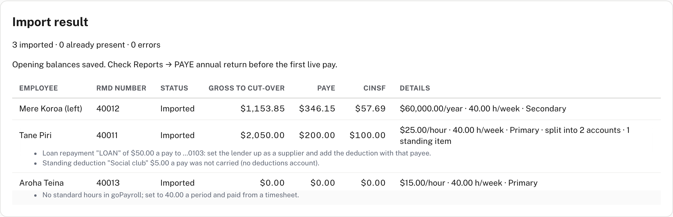 Import result: three imported, and a reminder to check the annual return