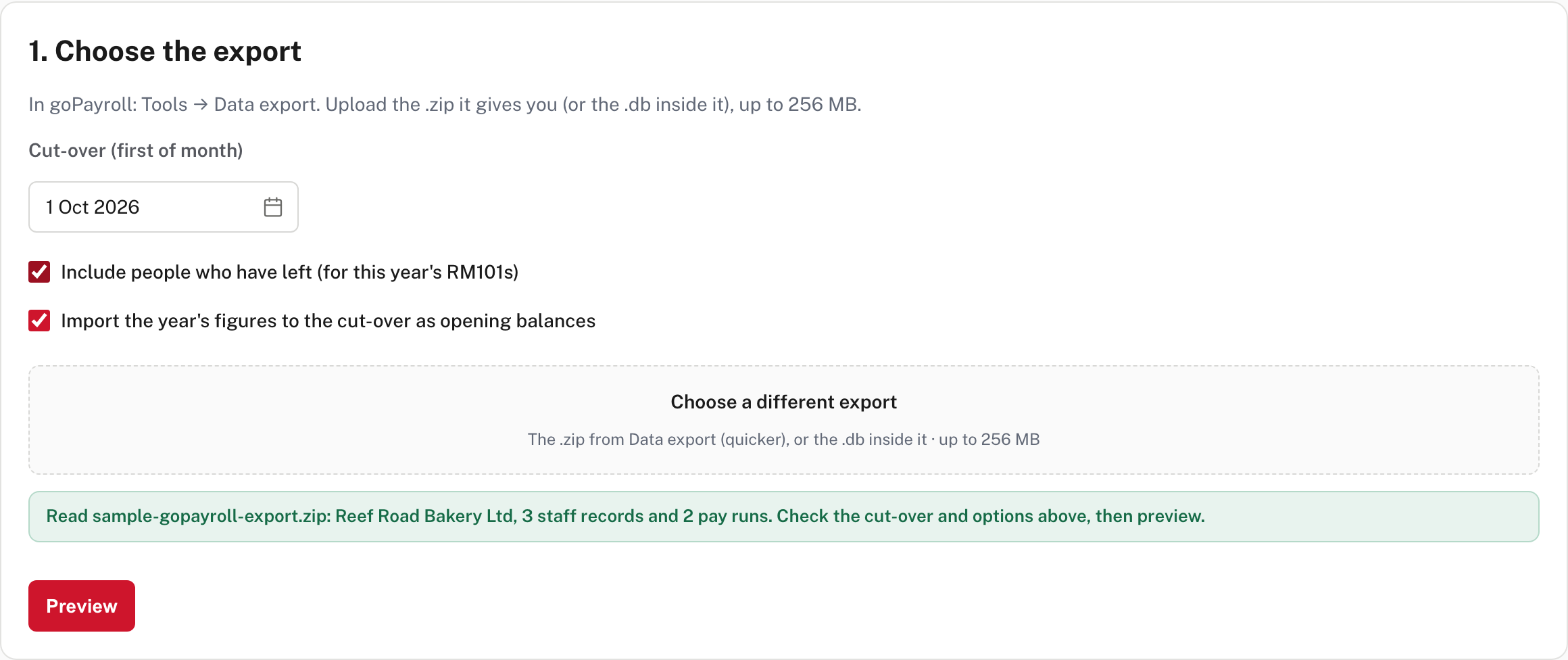 Choose the export: cut-over, two ticks, the upload box, and what Easy read