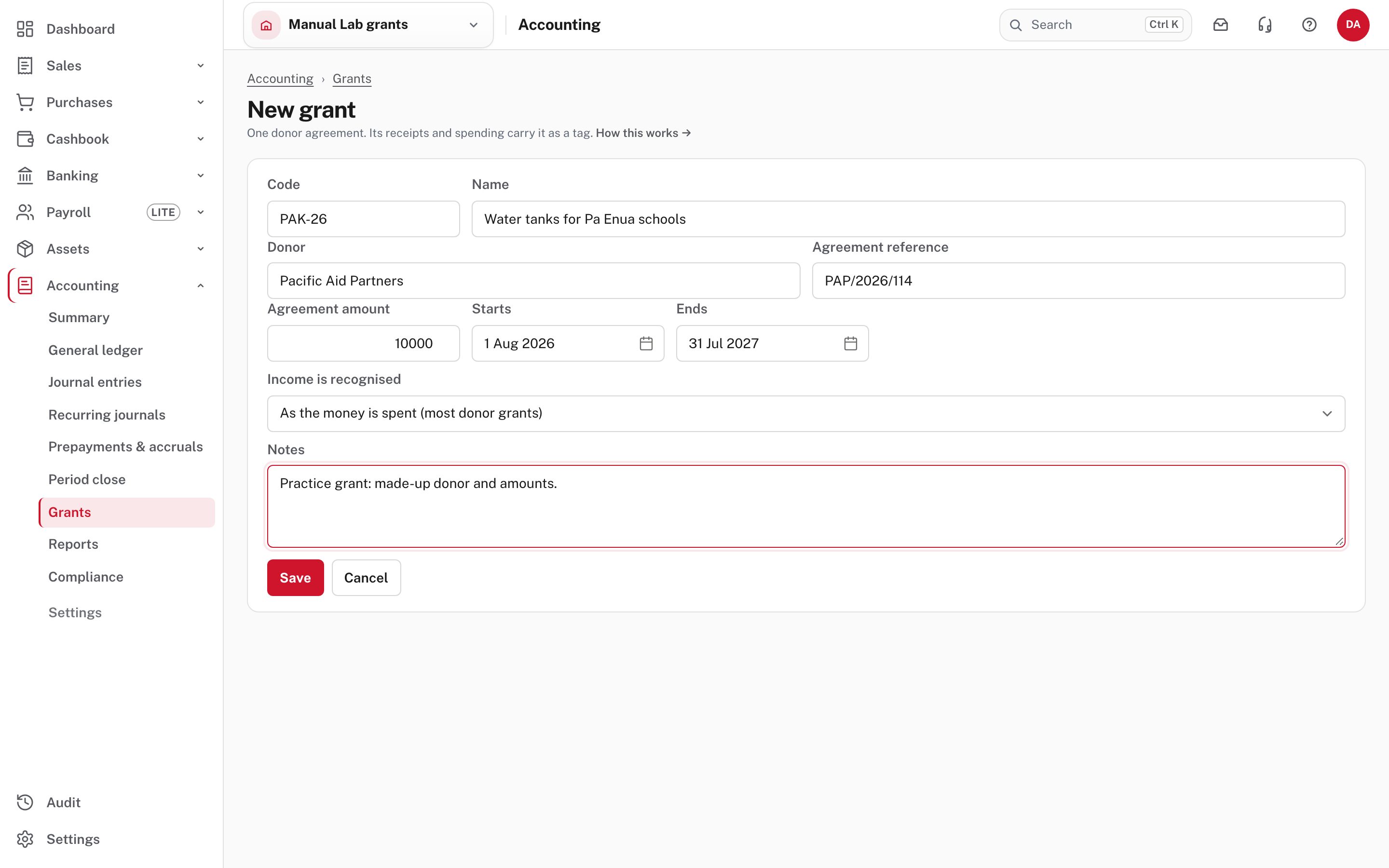 A new grant: code, name, donor, agreement reference, amount, dates and how income is recognised