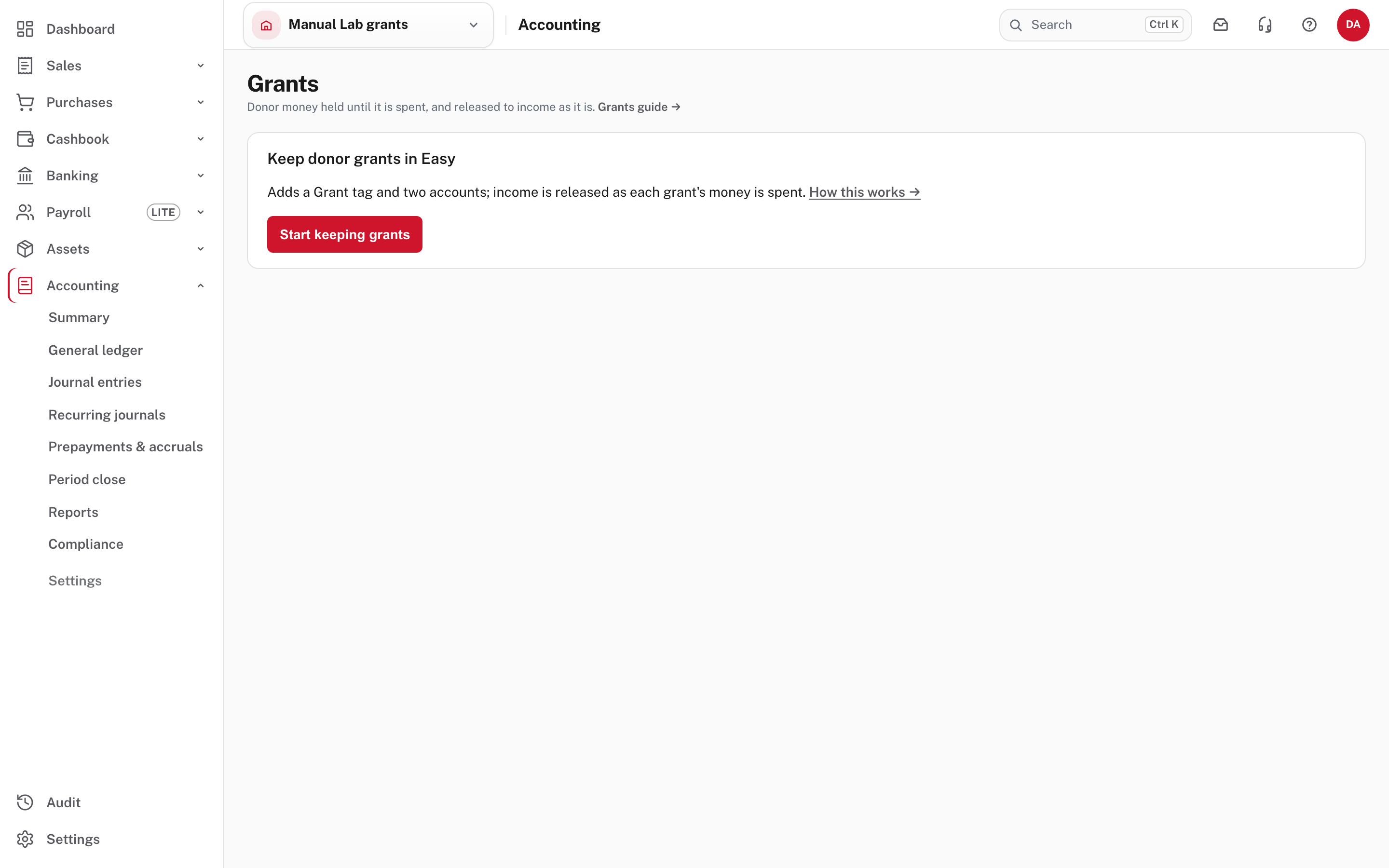 The Grants page before it is started: "Keep donor grants in Easy"