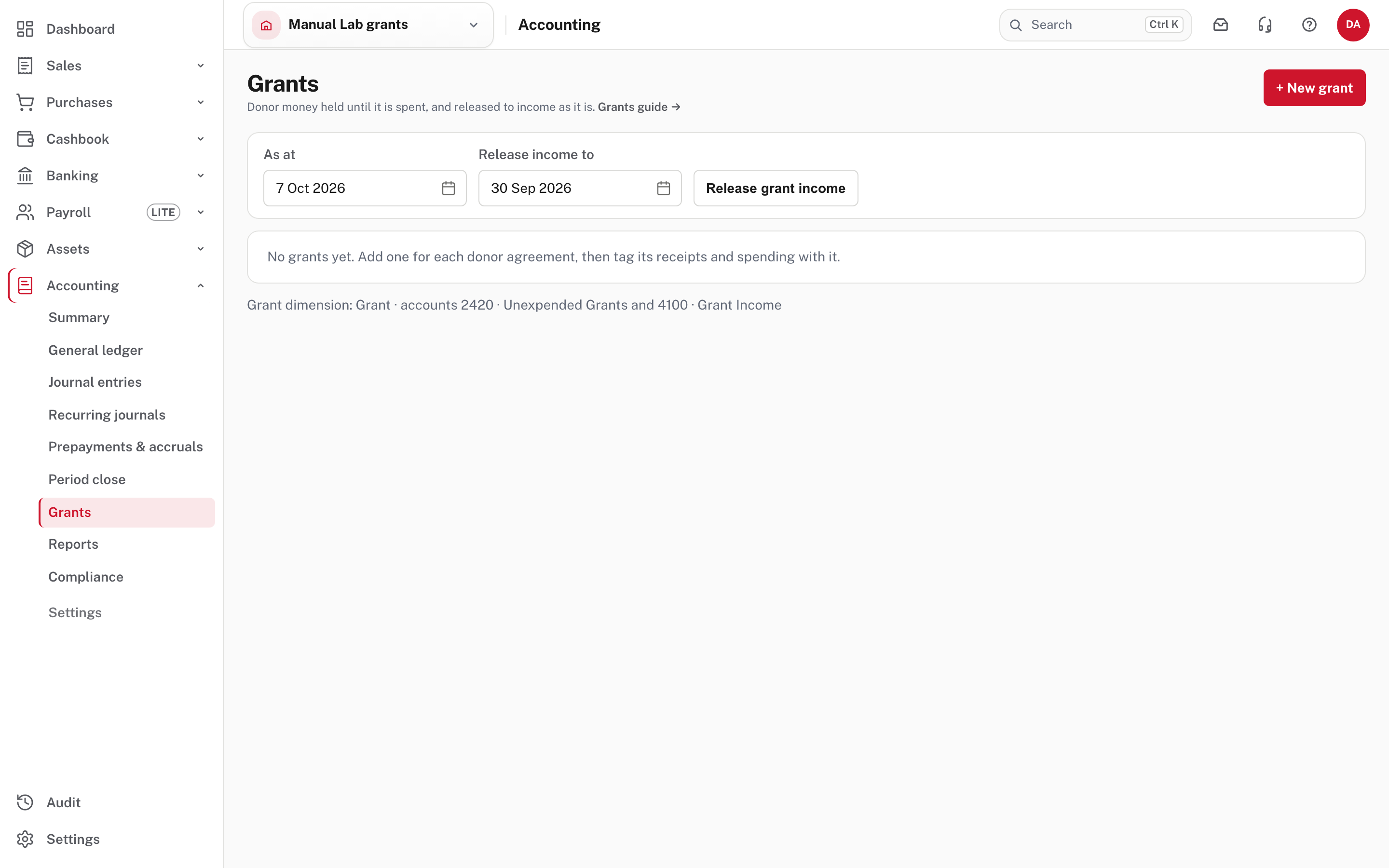 Grants started: the menu gains a Grants tab, and the page names the dimension and the two accounts