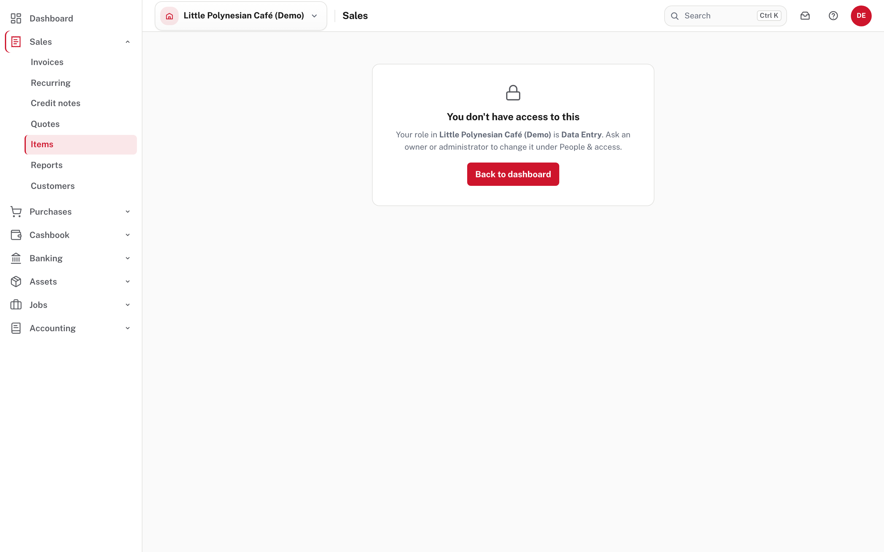 What a Data entry user sees on opening Stocktake: no Stocktake in the menu, and the access message
