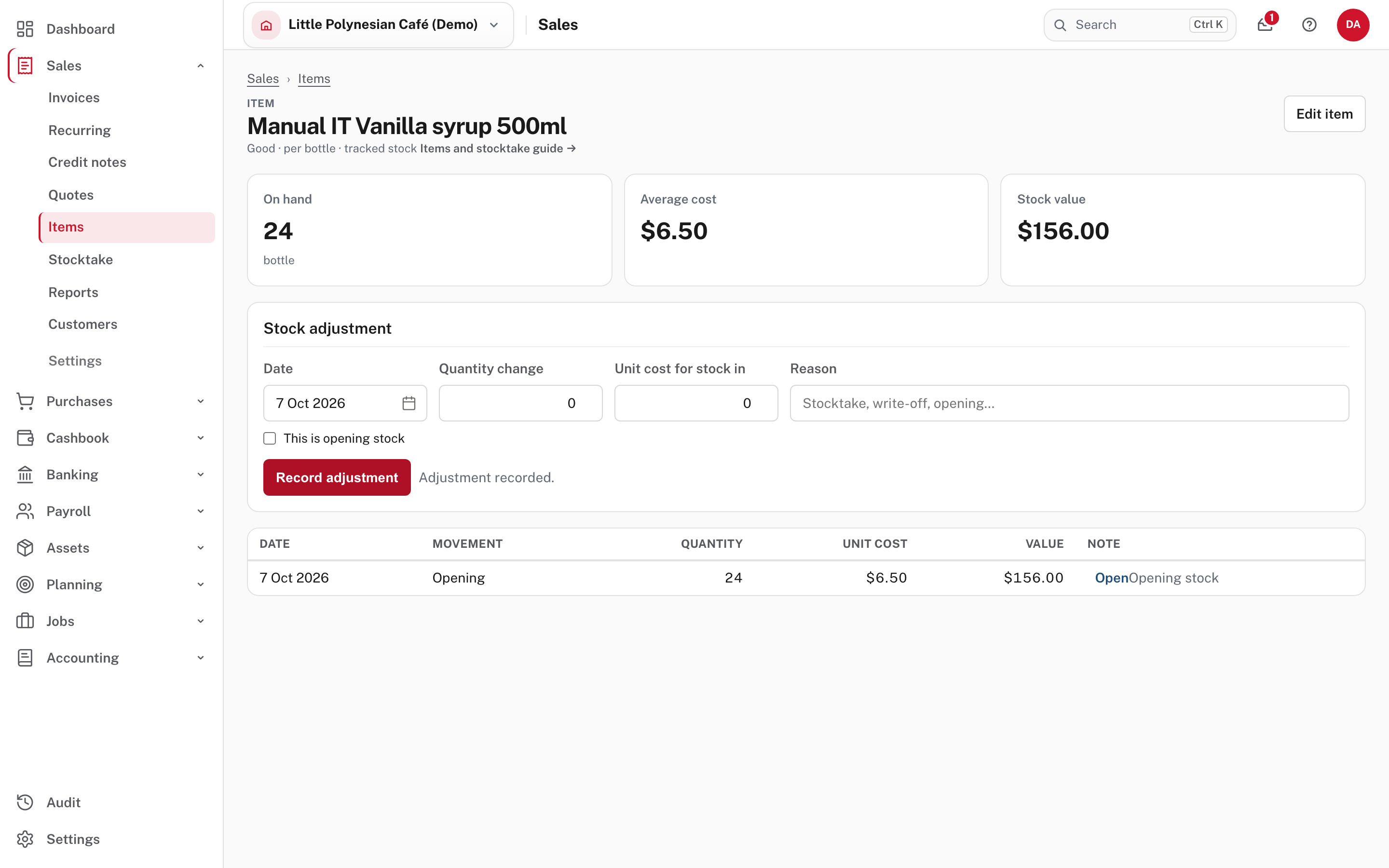 After the adjustment: 24 on hand, $6.50 average cost, $156.00 of stock, and one Opening movement