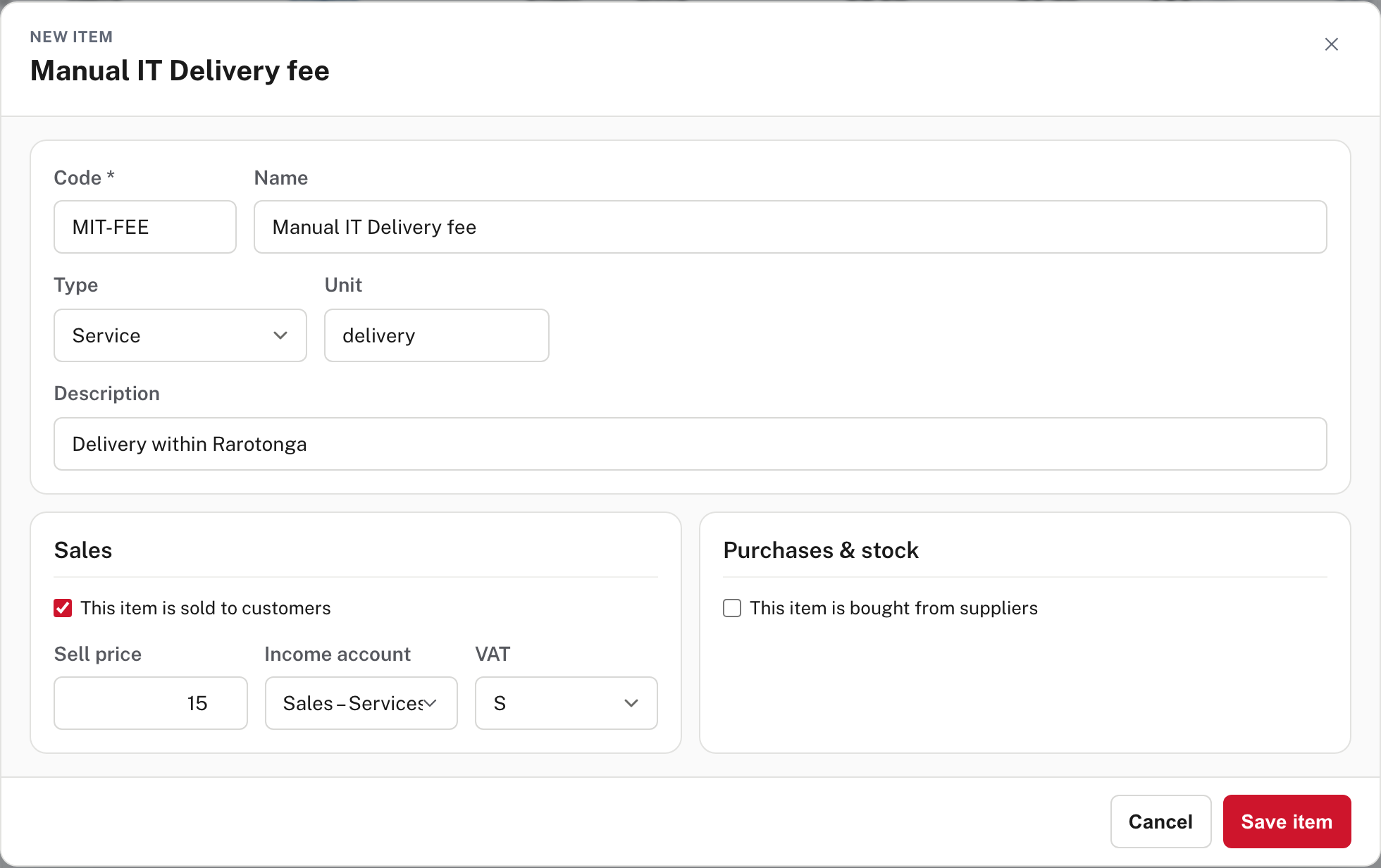 A new service item: code, name, unit, sell price, income account and VAT