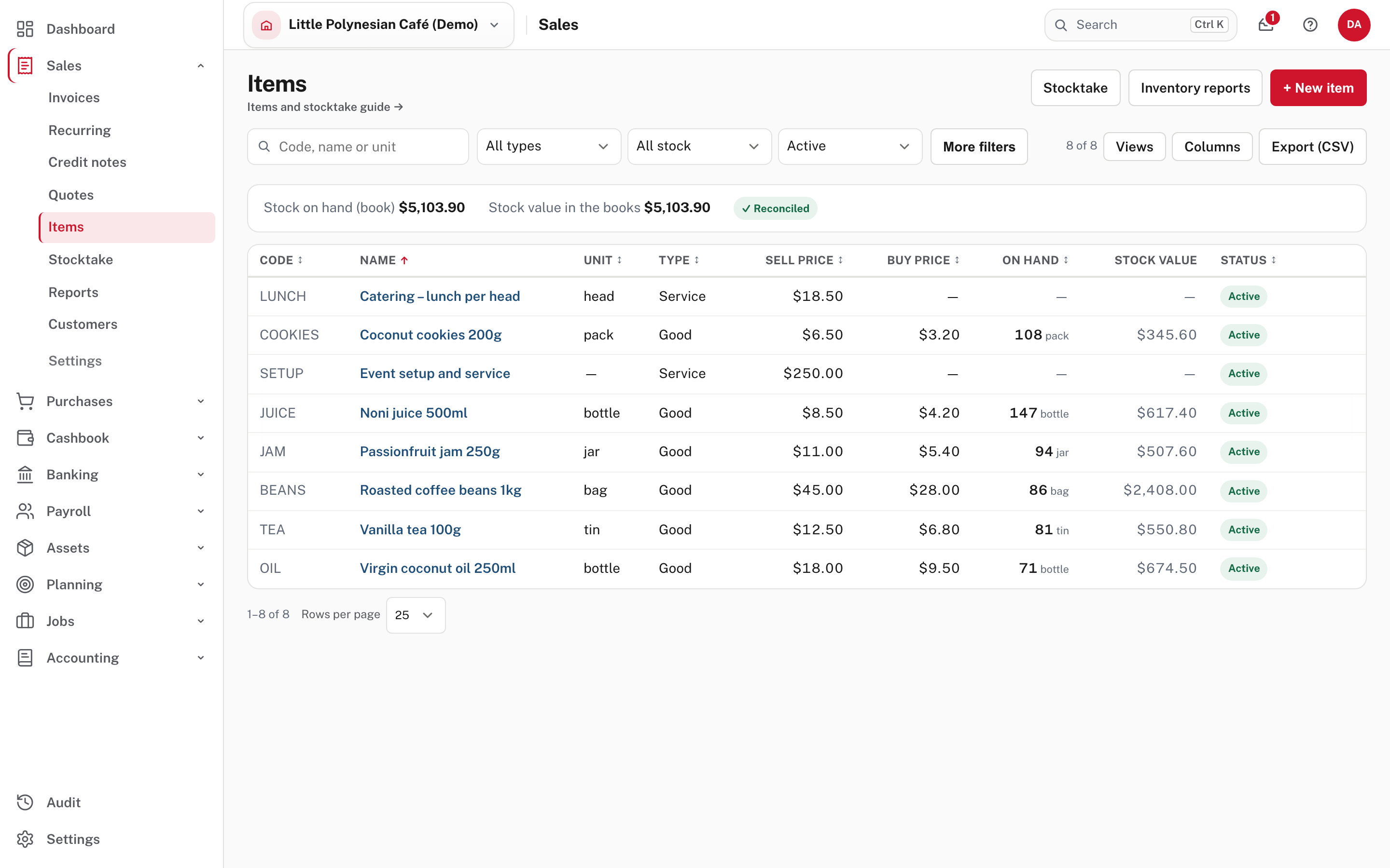 The Items register: every item, its prices, and what is on hand