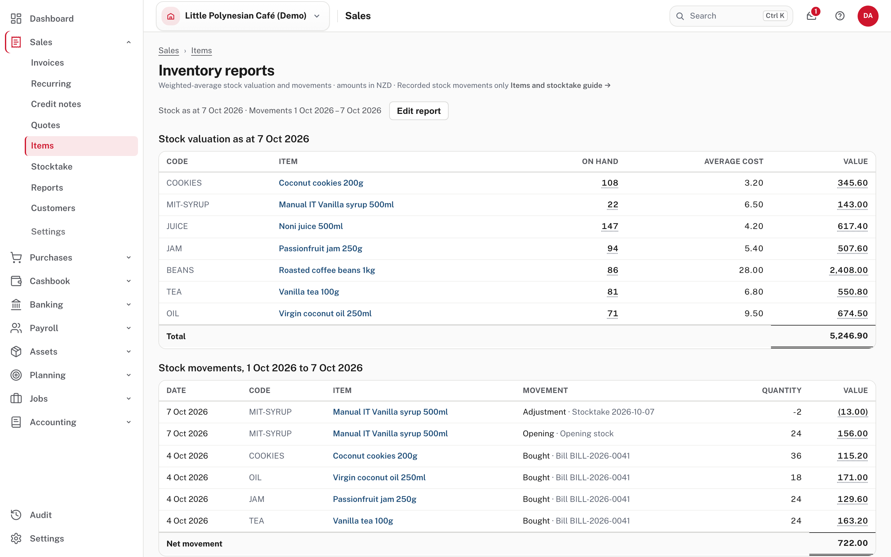 Inventory reports: stock valuation at a date, and every movement in a period