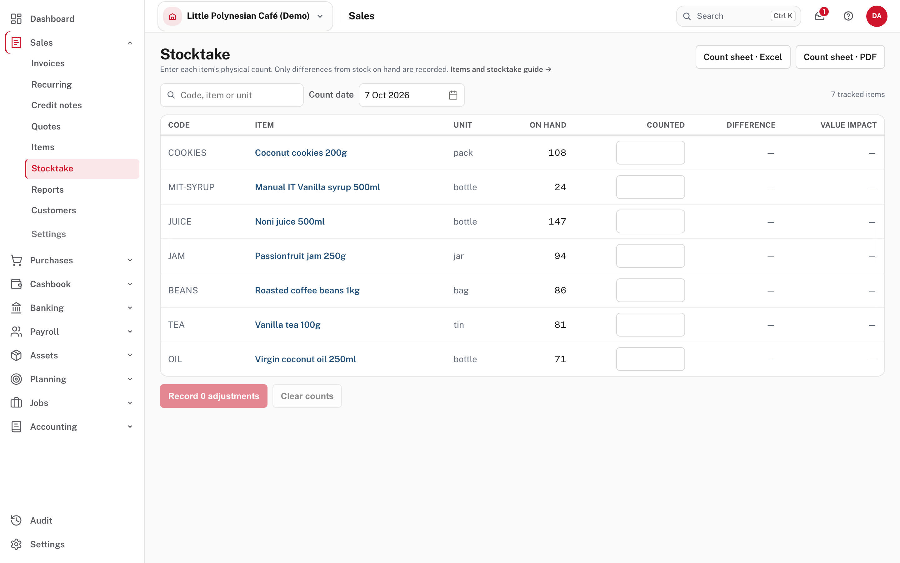 The stocktake sheet: every active tracked good with its book quantity and a blank Counted box