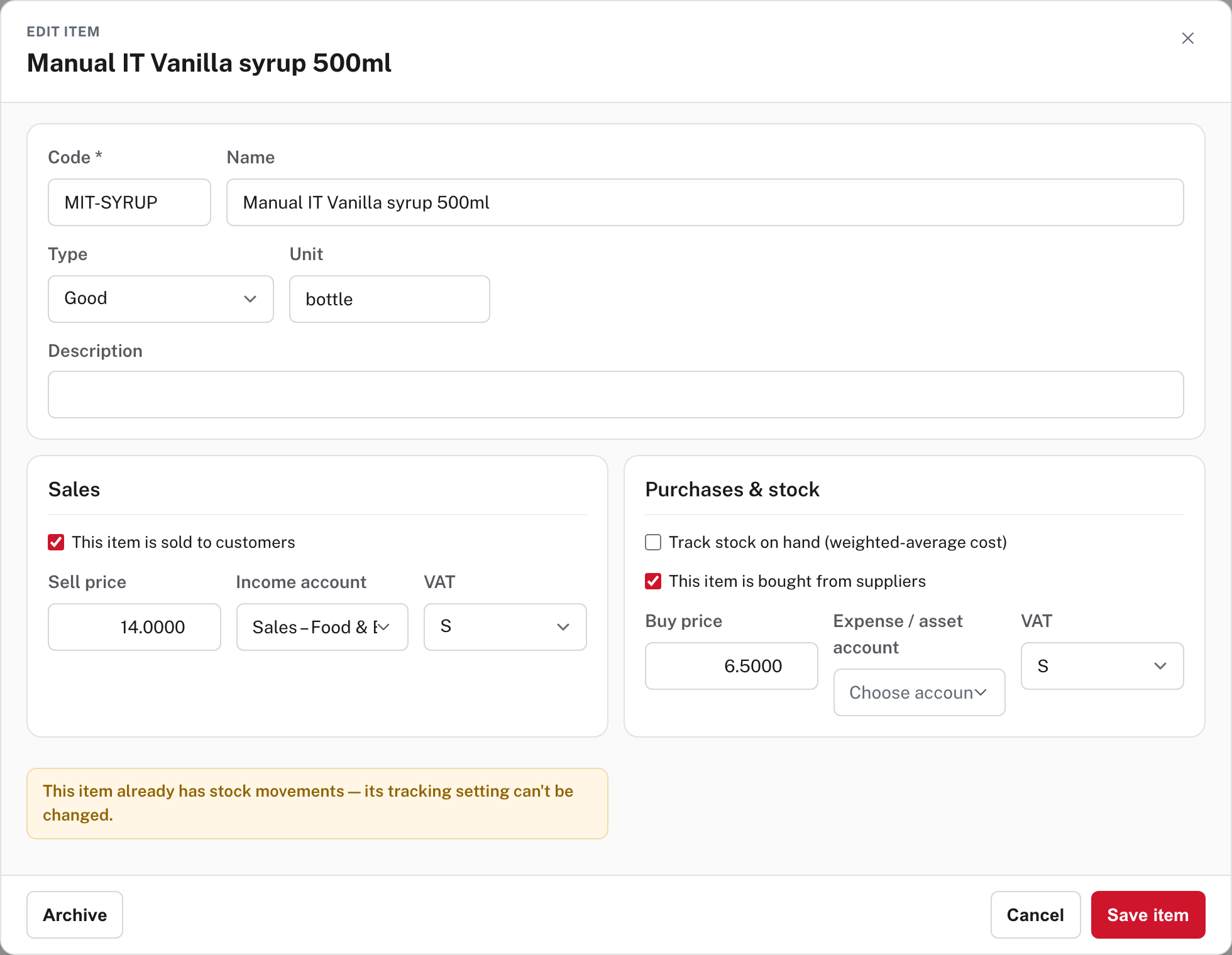 Easy refuses to change tracking once the item has stock movements