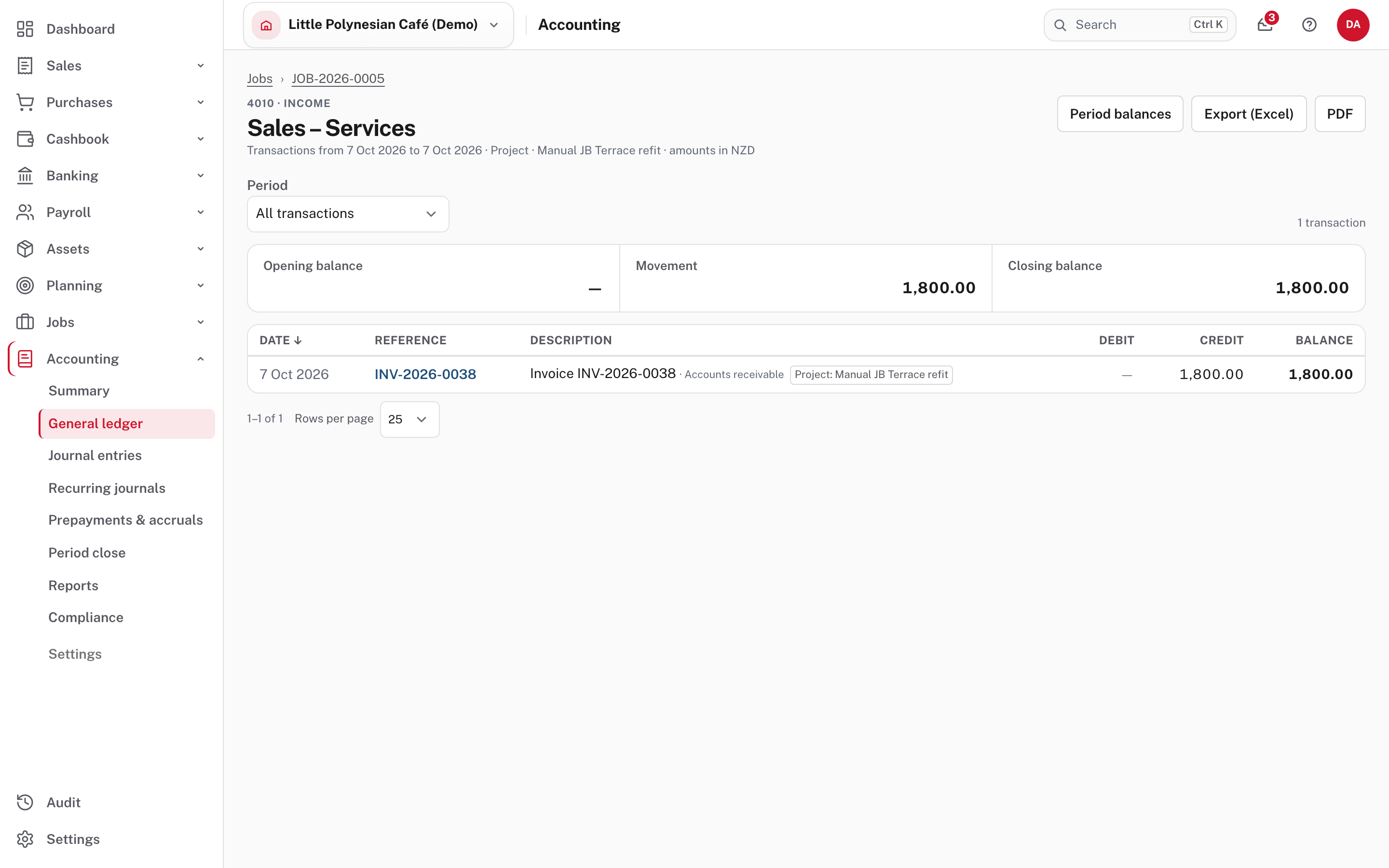 The transactions behind Sales – Services: one invoice line, tagged to the job