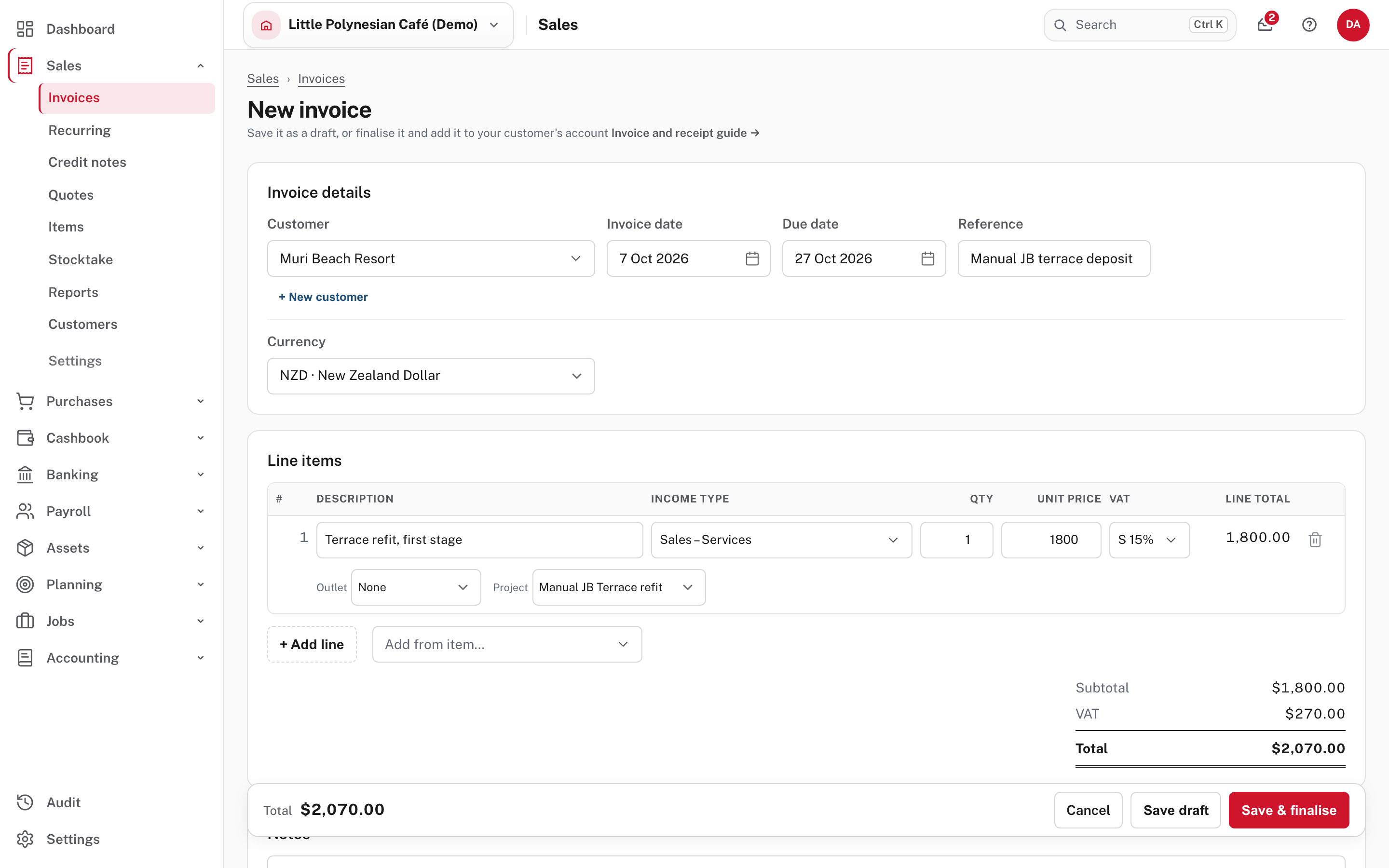 An invoice line tagged to the job: the Project box under the line