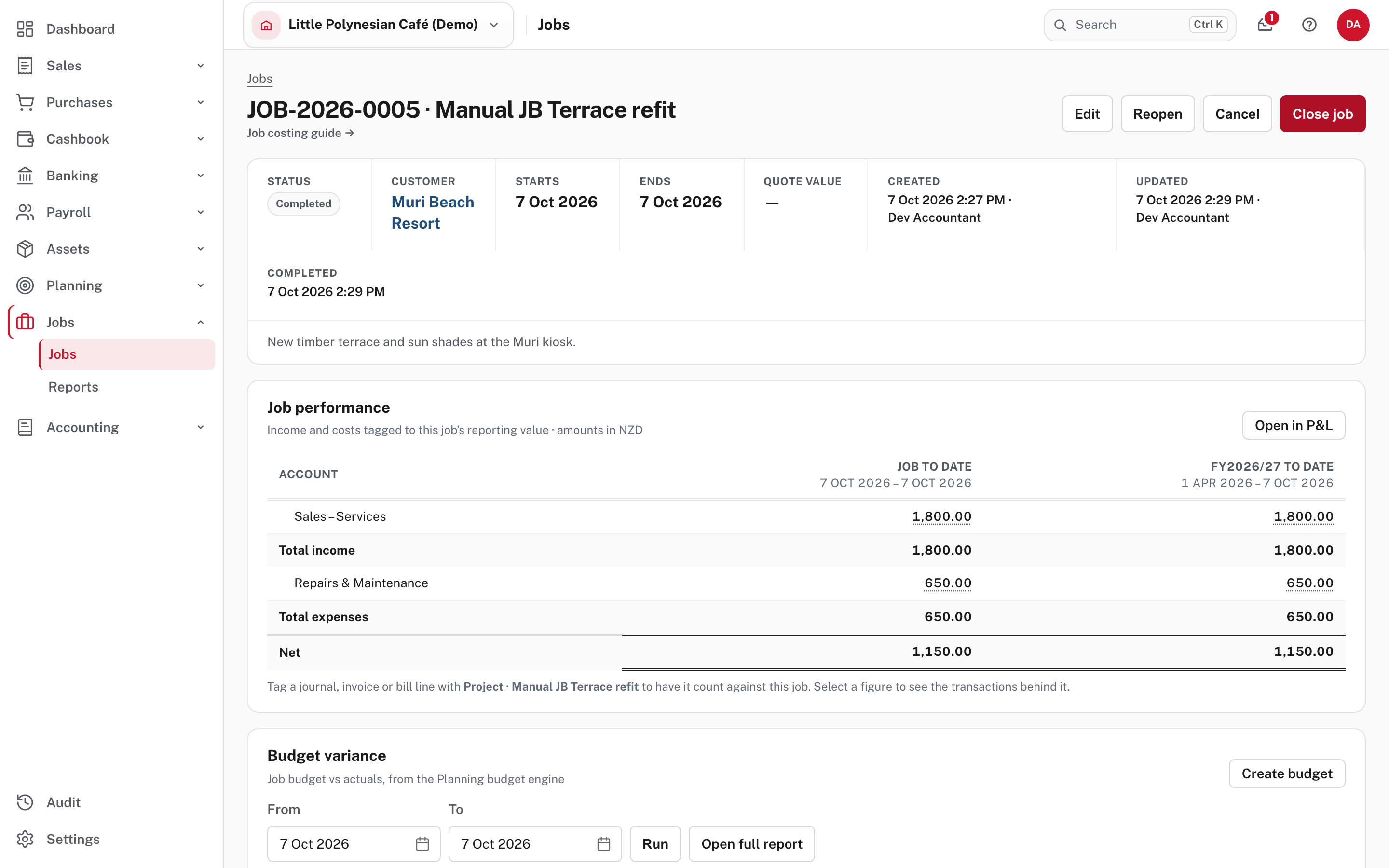 A completed job: its end date is filled in, and Close job is offered