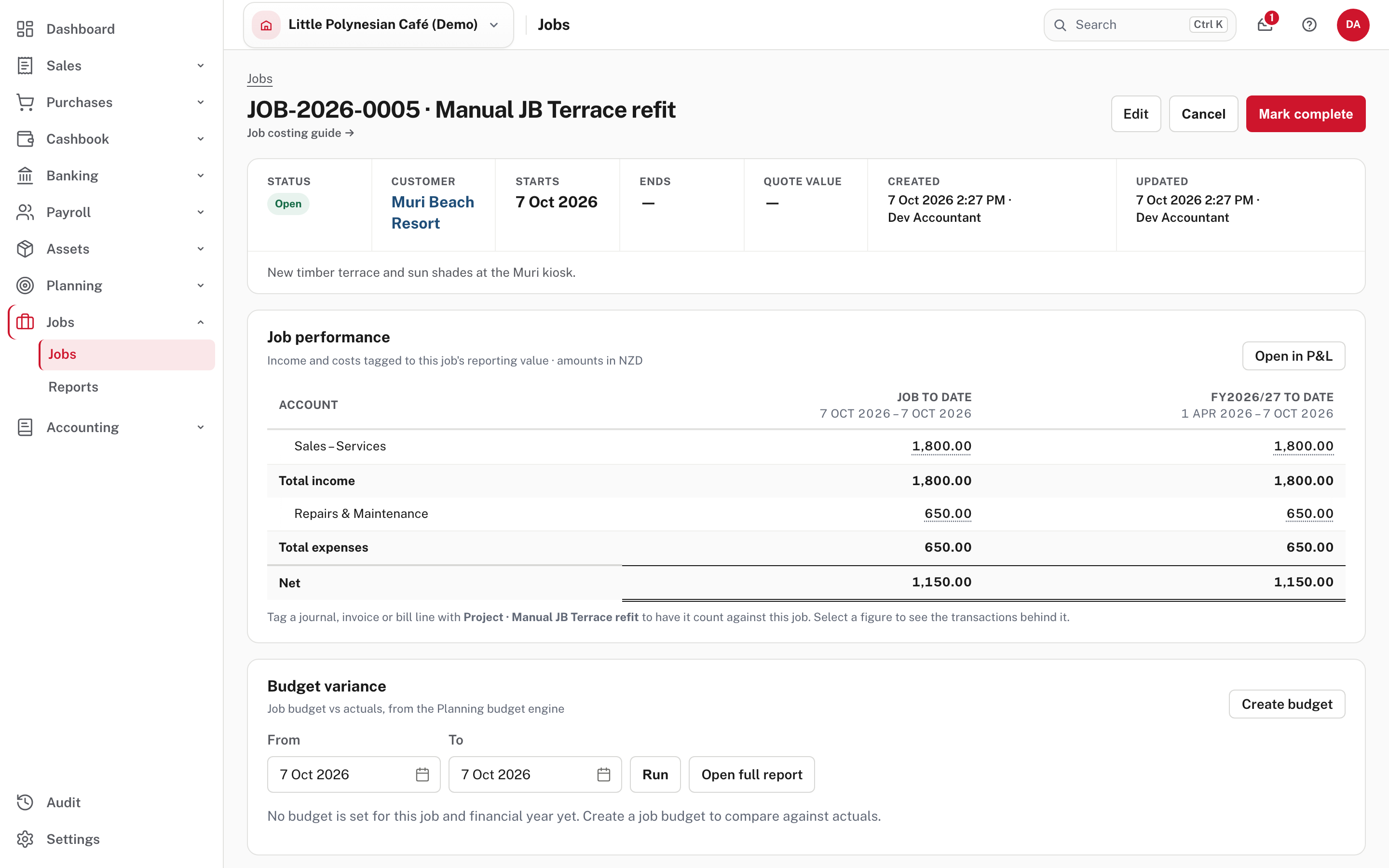 The job page: income and costs by account, for the job to date and for the financial year, and its budget panel