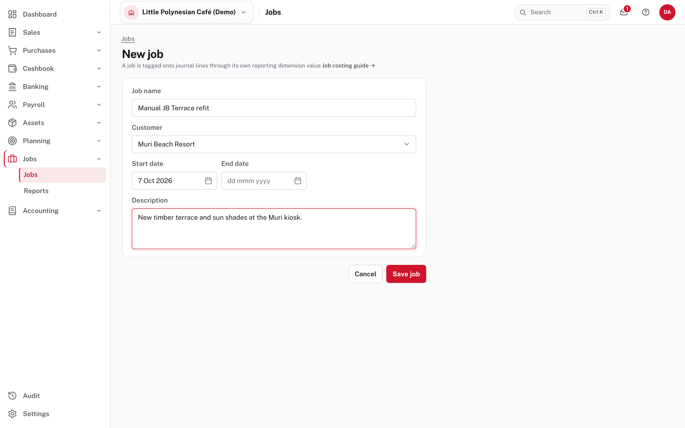 A new job: name, customer, dates and a description