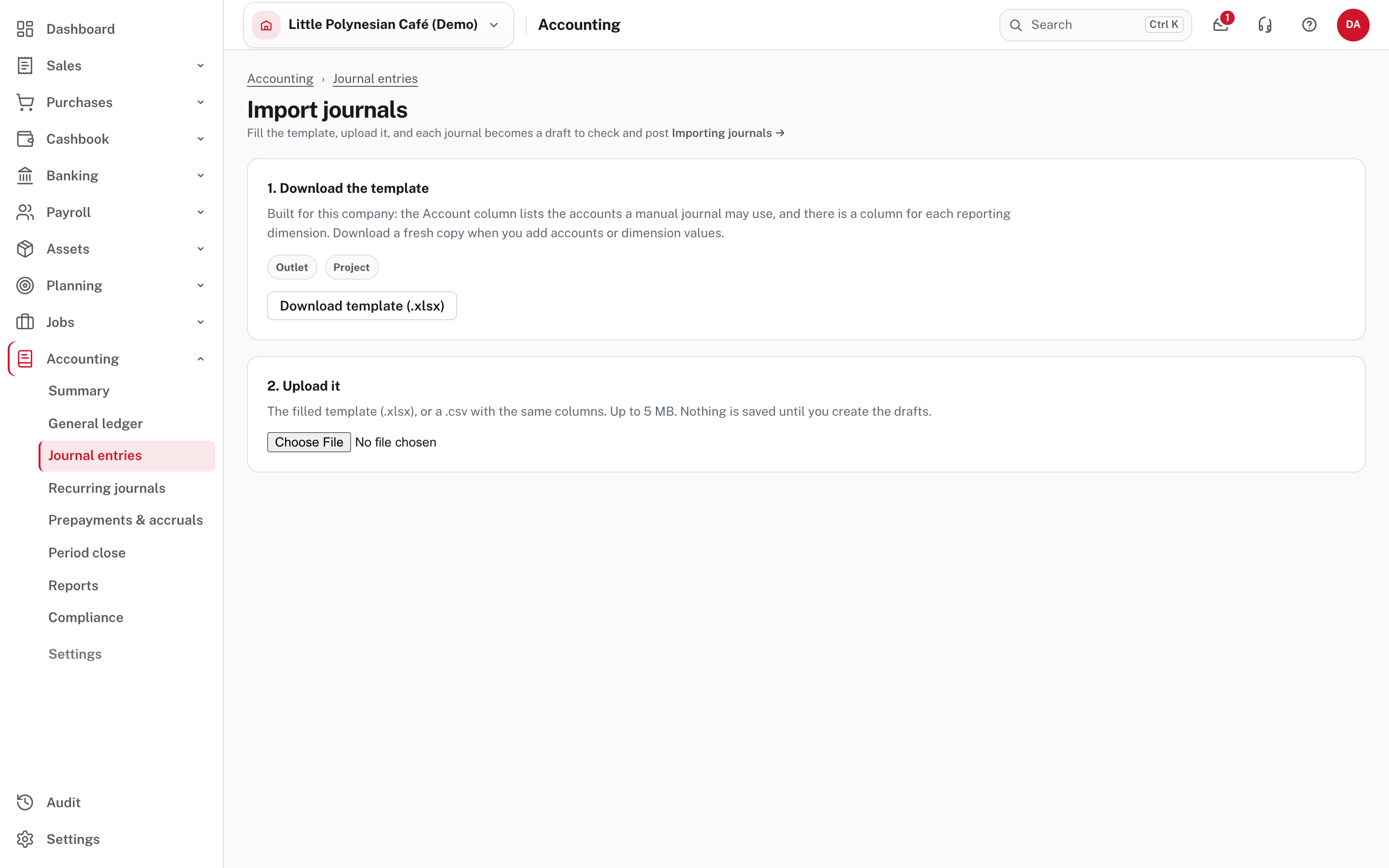 Import journals: download the template, then upload it