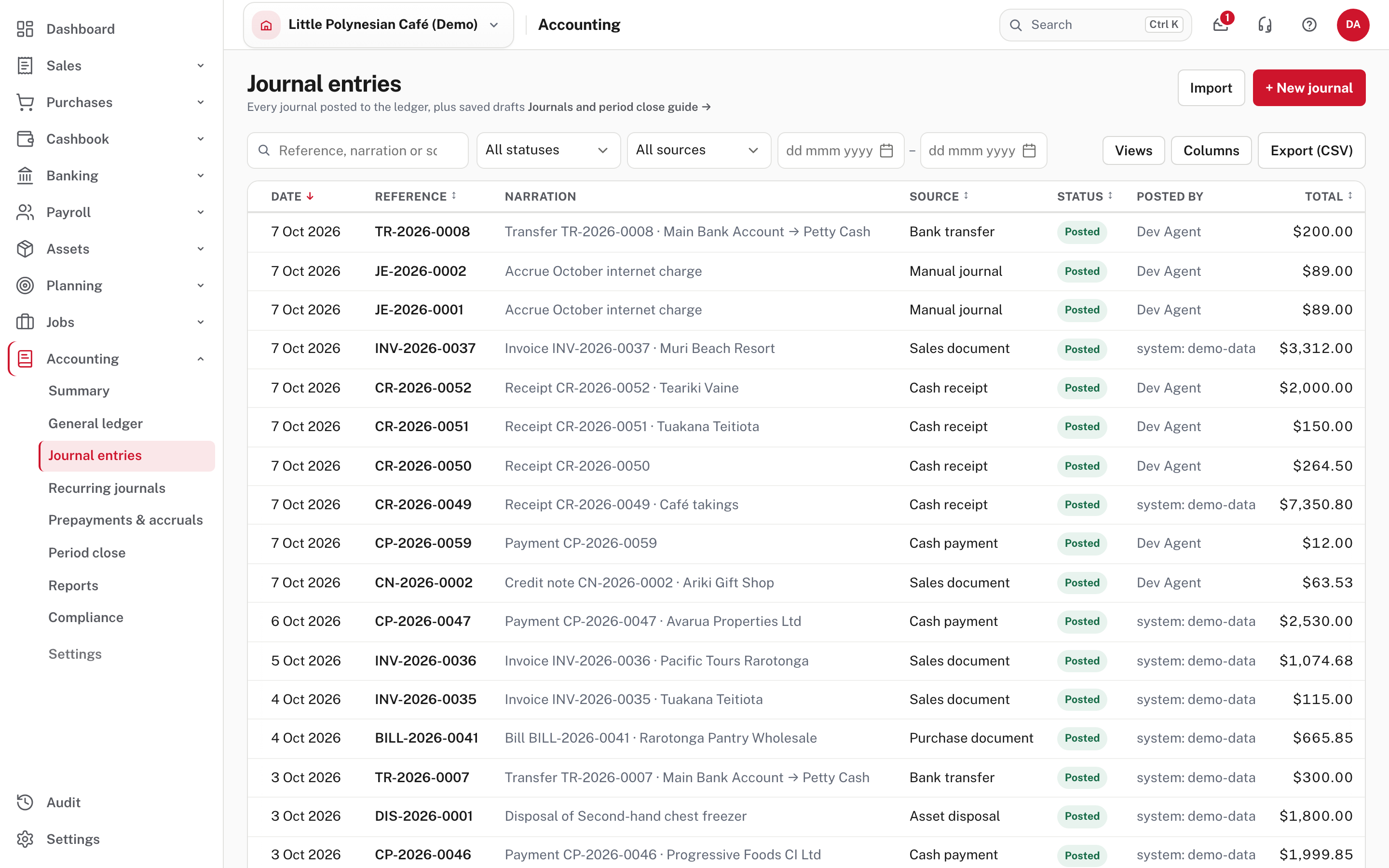The journal register: every journal posted to the ledger, plus drafts