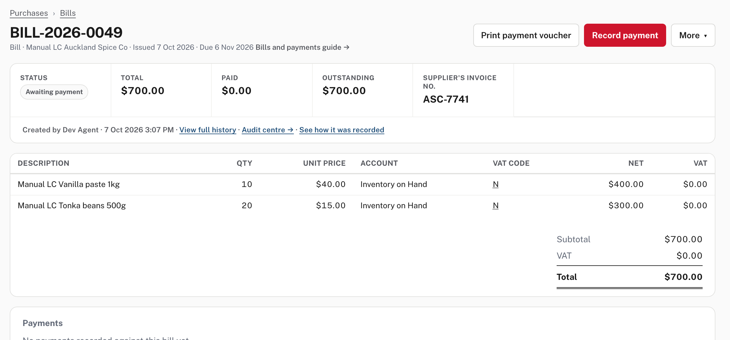 The recorded bill for the goods: 10 jars at $40 and 20 bags at $15, coded to Inventory on Hand