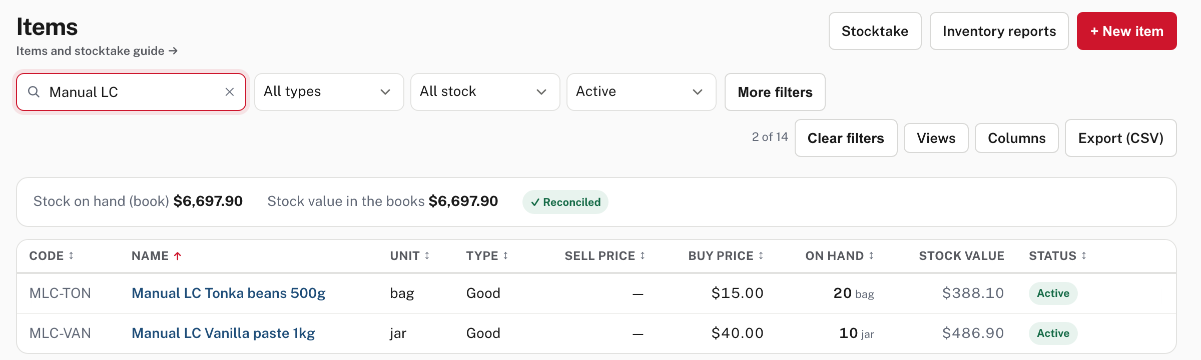 Items after spreading: 10 jars at $486.90 and 20 bags at $388.10, with stock value Reconciled