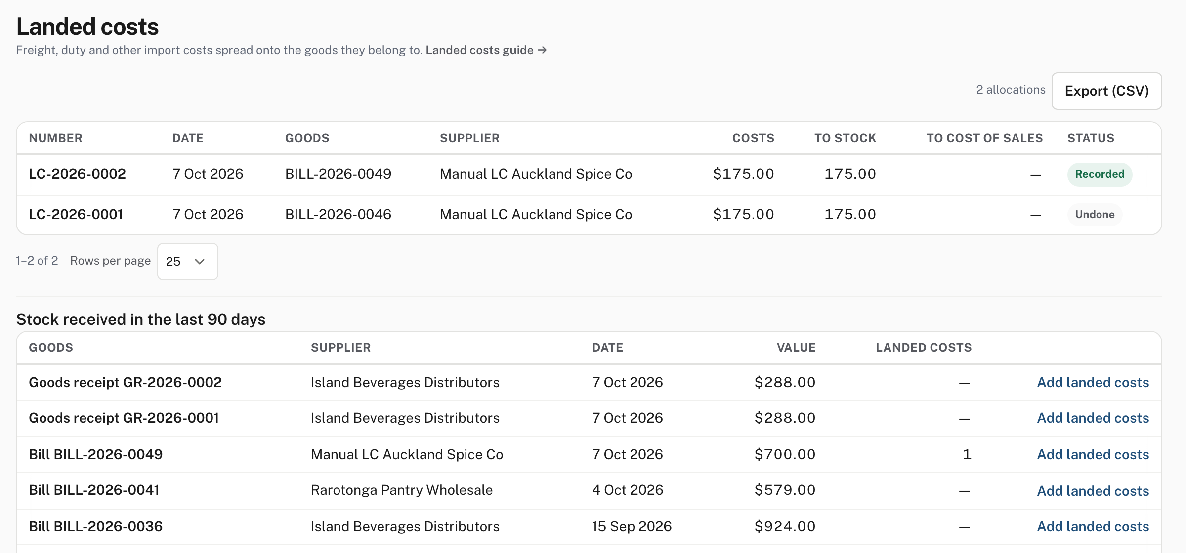 Landed costs: the allocations so far, and the stock received in the last 90 days, each with Add landed costs