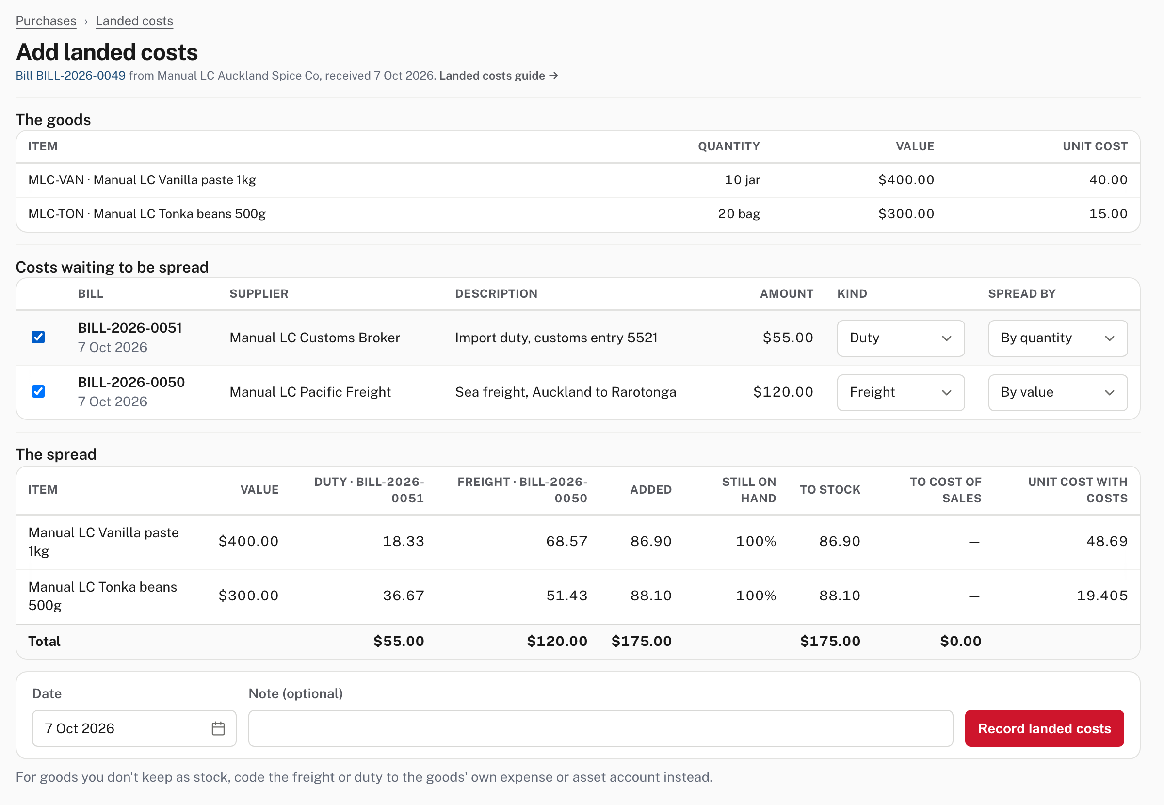 Add landed costs: the goods, the costs waiting, and the spread worked out for each item