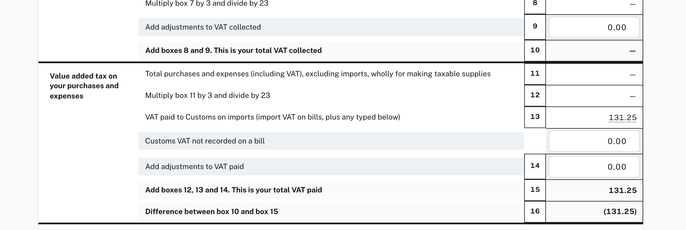 RM205 for September: box 13 shows 131.25, the import VAT on the bill, and boxes 15 and 16 follow