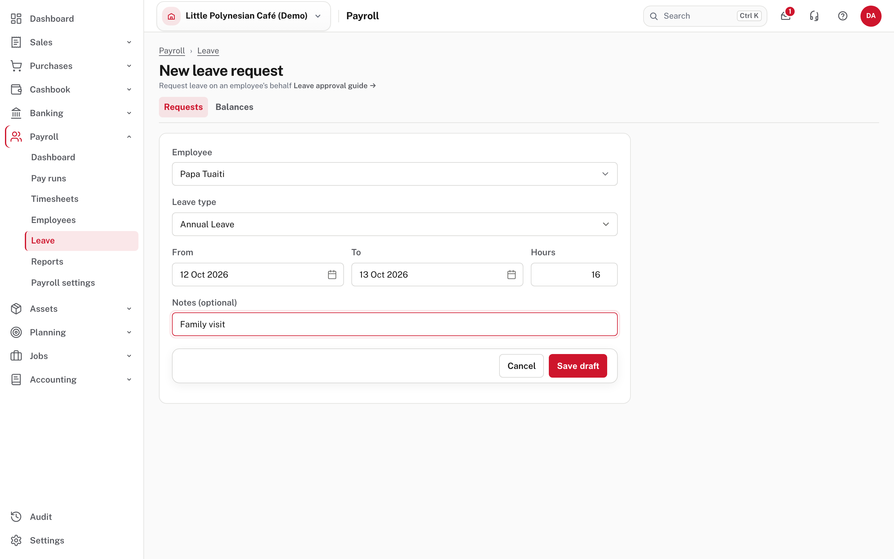 A new leave request: employee, leave type, dates, hours and a note