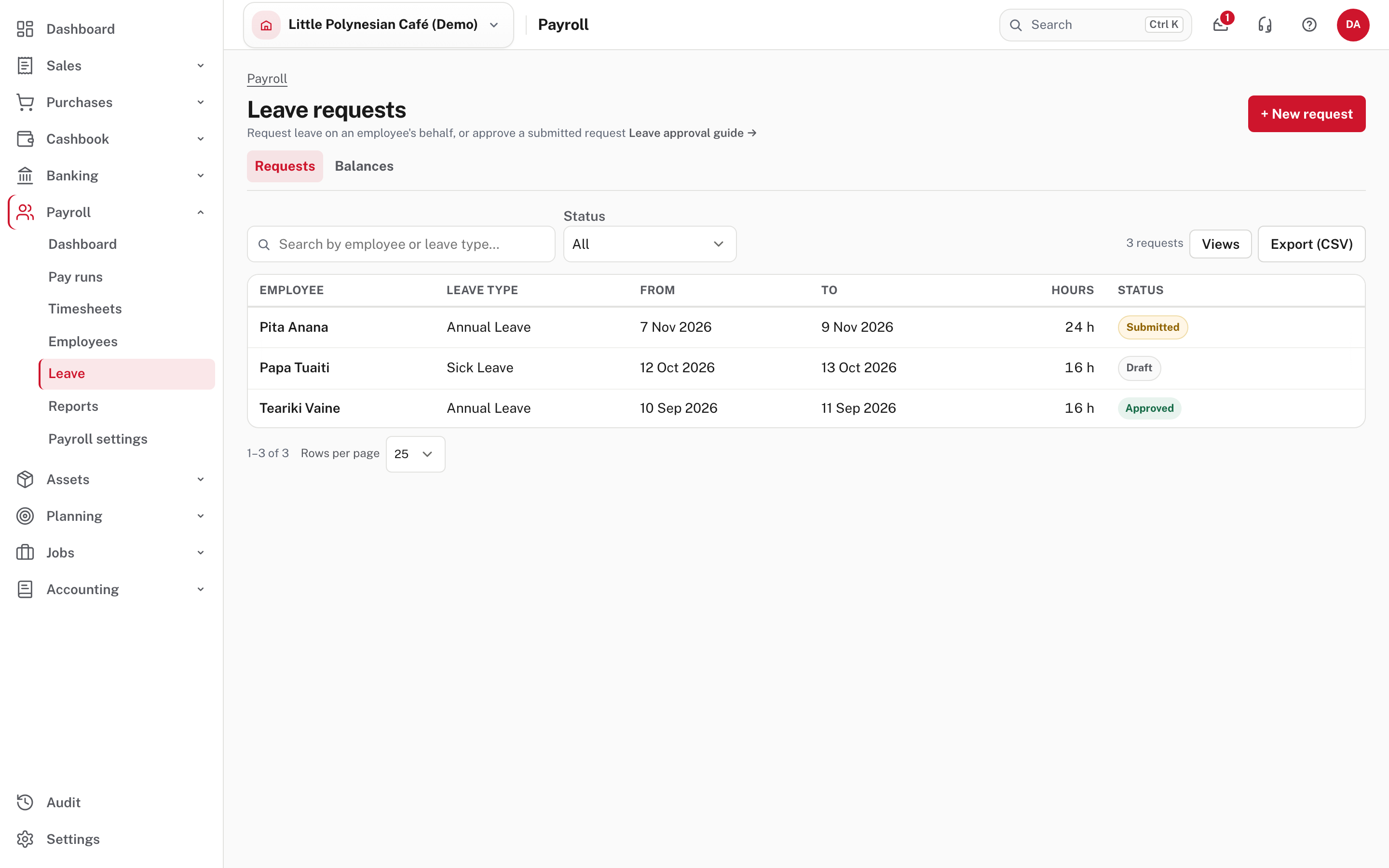 Leave requests: every request with its dates, hours and status