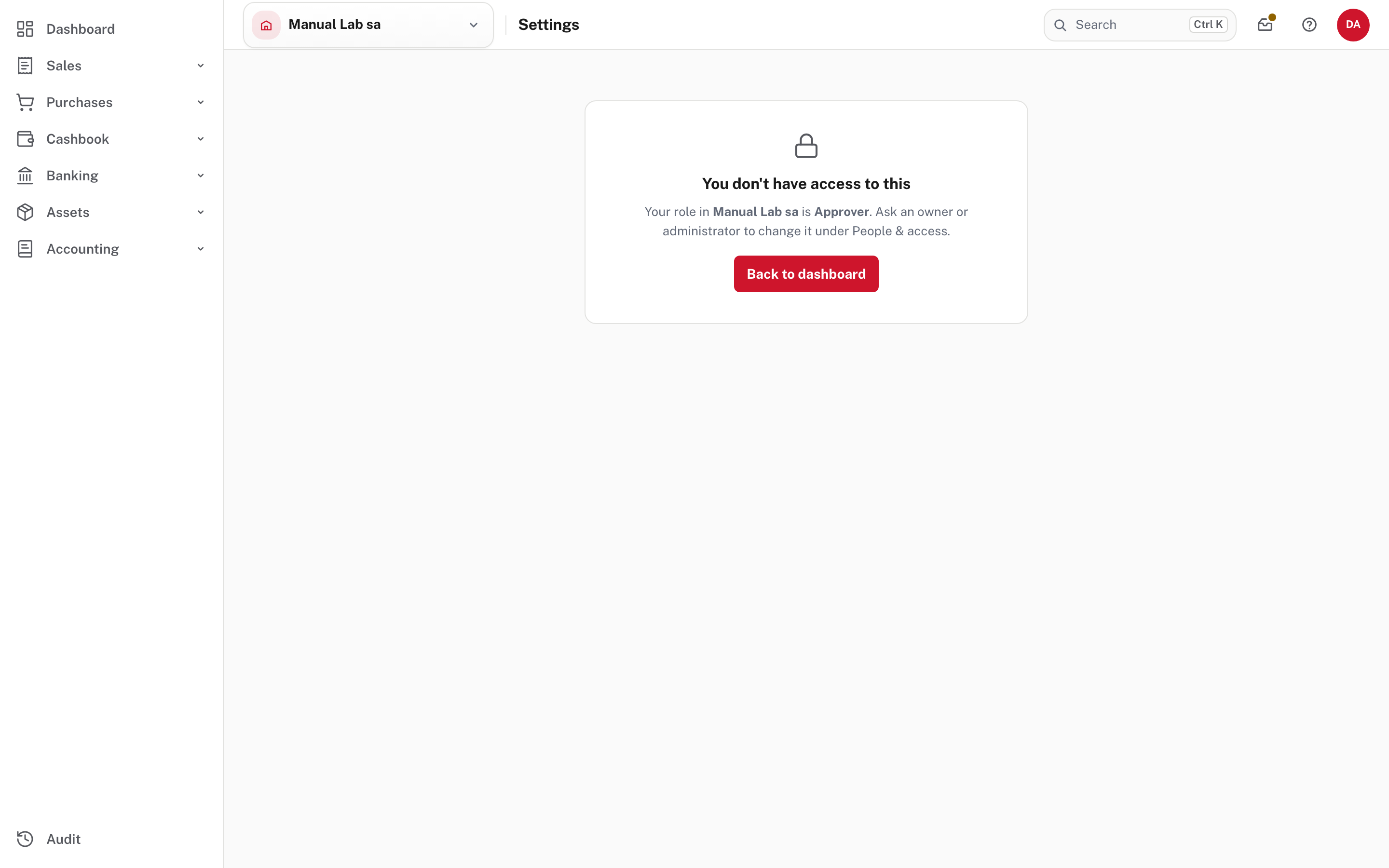 An Approver opening Modules: no access
