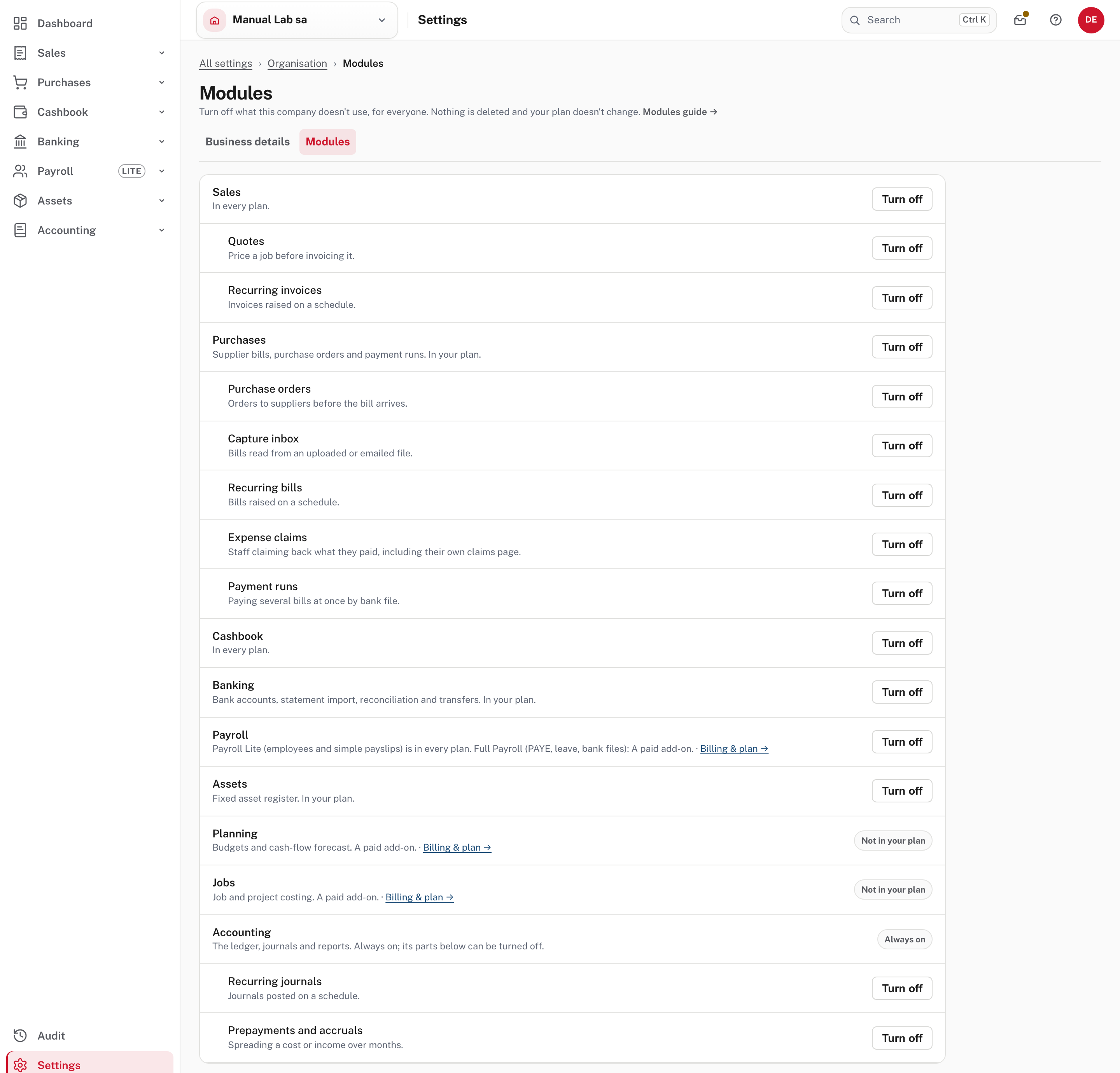 Modules: each module, the features inside it, and whether it is in the plan