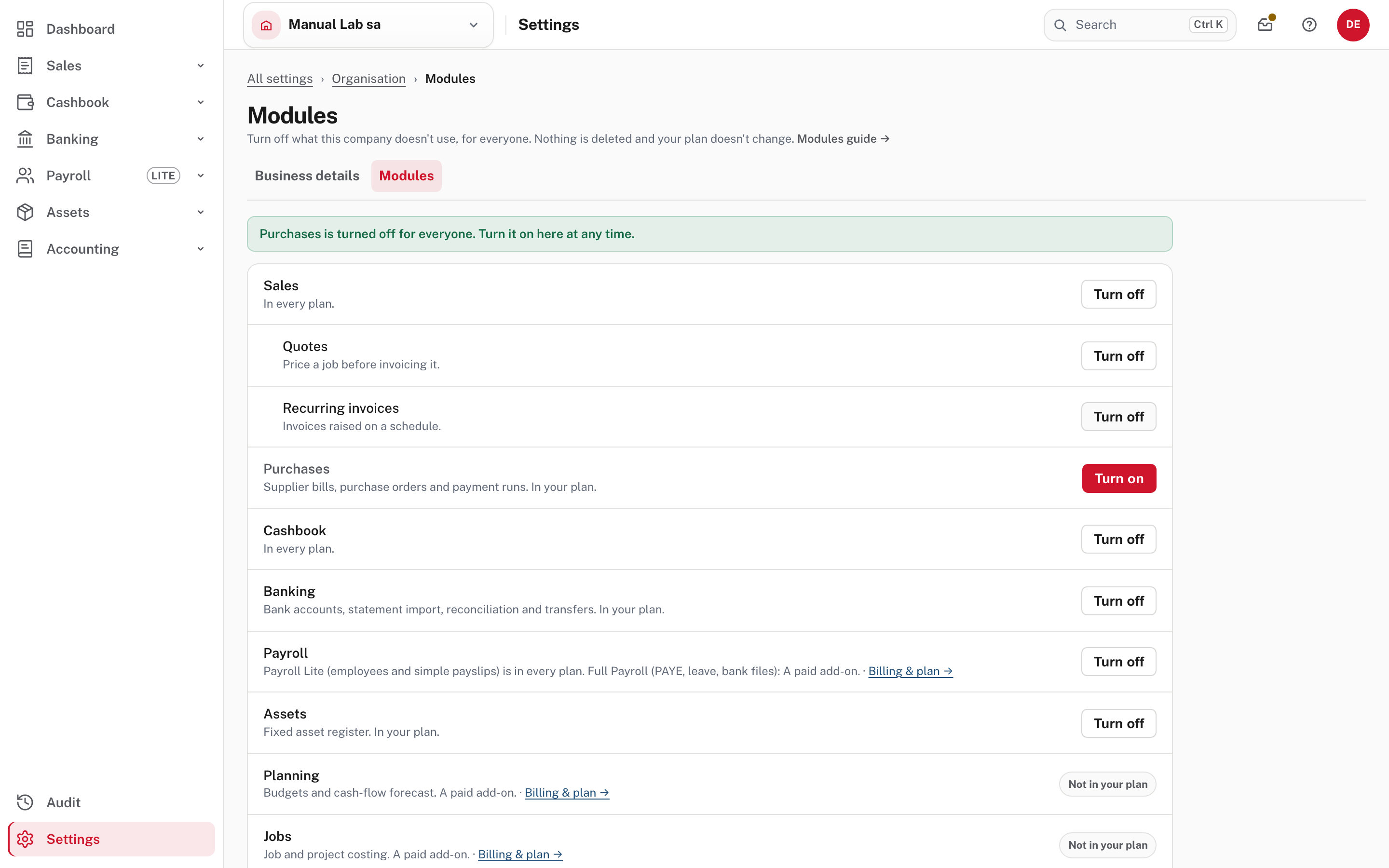 Purchases turned off: the notice, the menu without Purchases, and Turn on in red