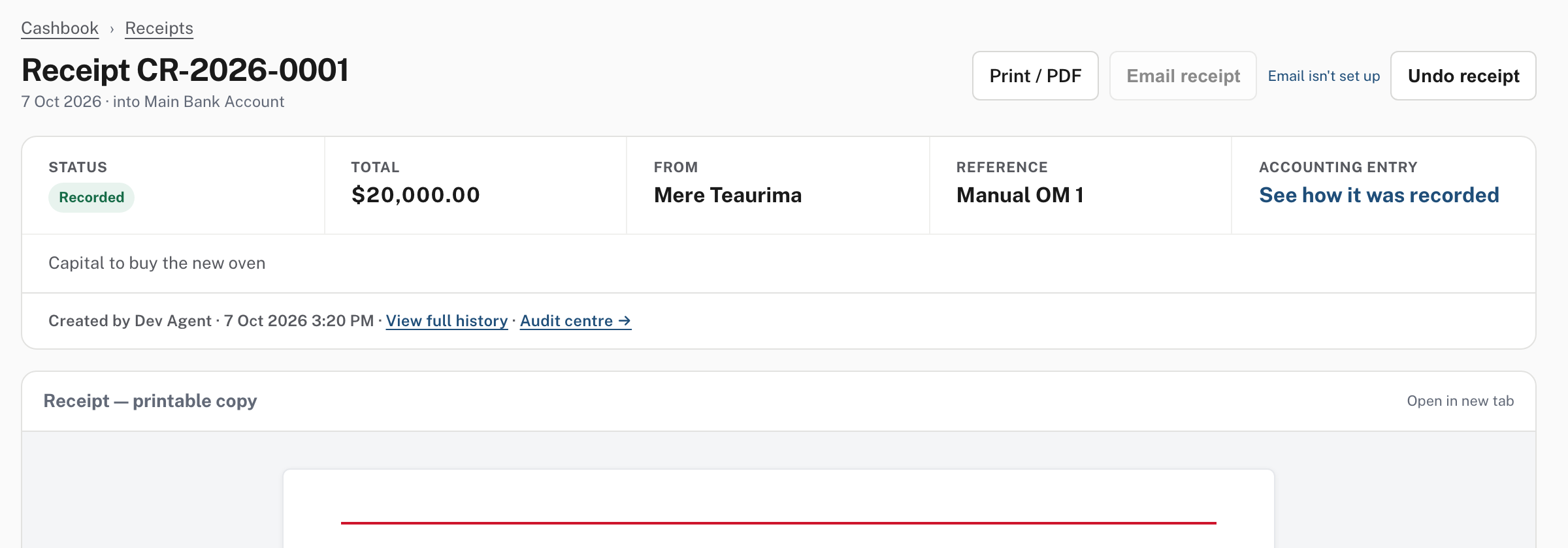 The recorded receipt: Recorded, $20,000.00, from Mere Teaurima, with a link to its accounting entry