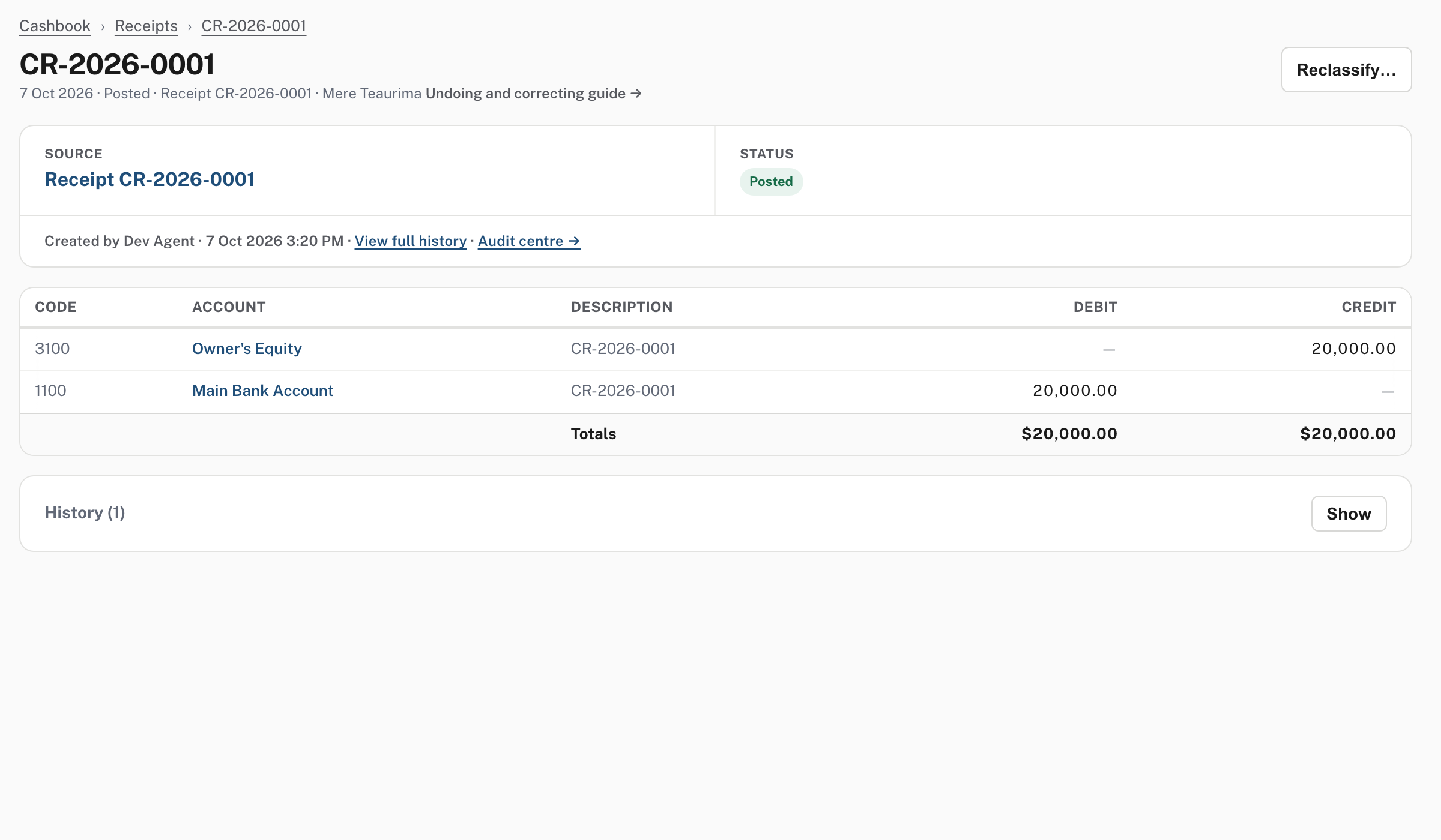 The accounting entry: Main Bank Account debited and Owner's Equity credited, $20,000.00 each, and nothing else