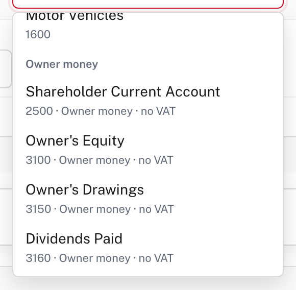 The account picker on an ordinary payment line: a group Owner money, each account marked Owner money · no VAT