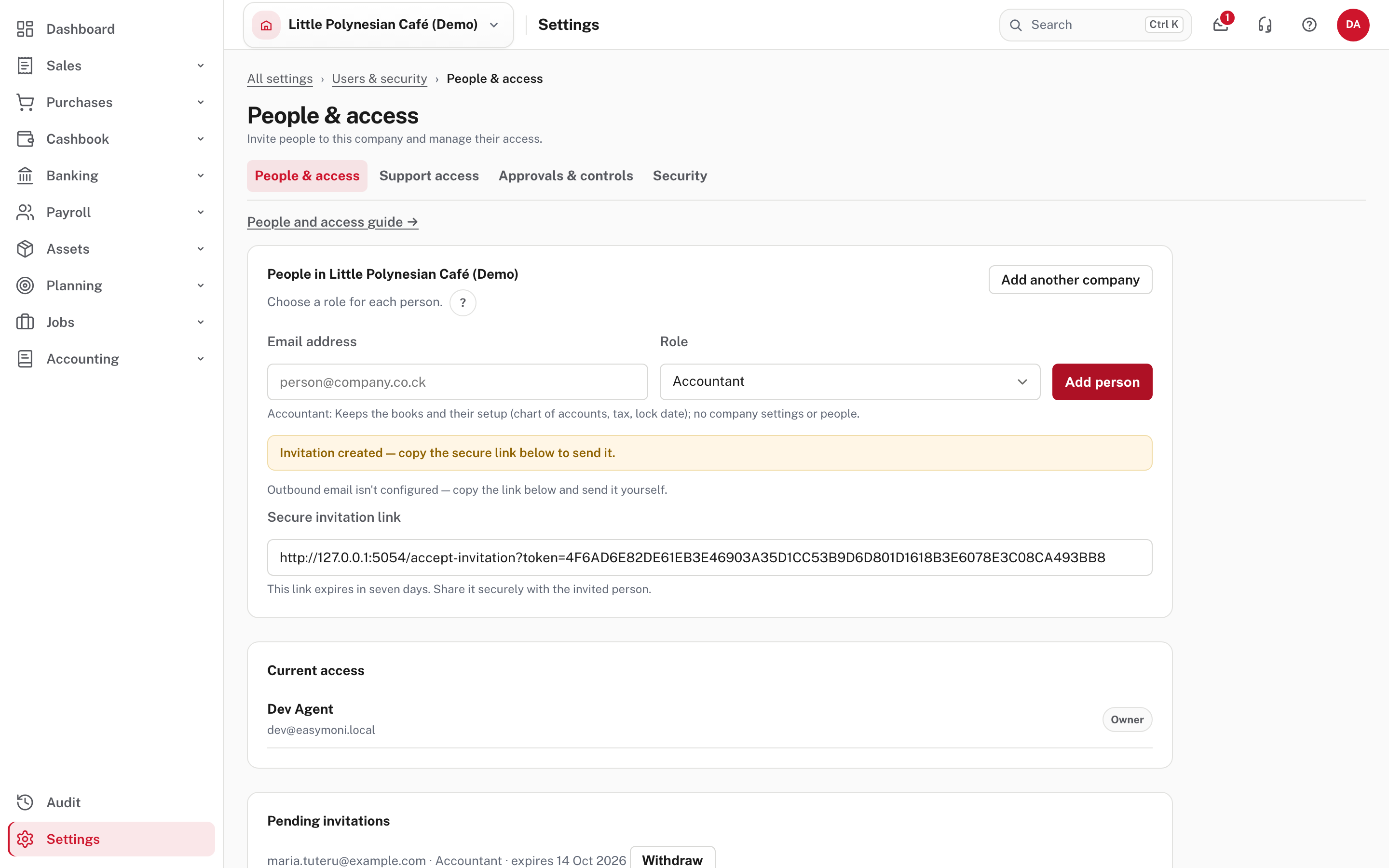 Invitation created: the secure link to send