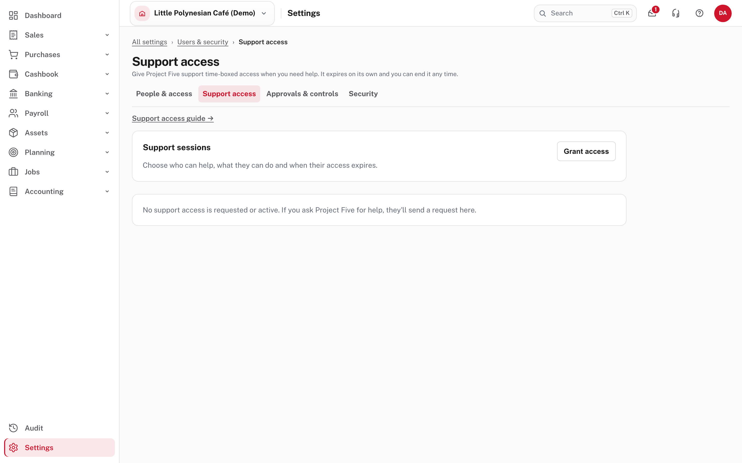 Support access: nothing active, and Grant access