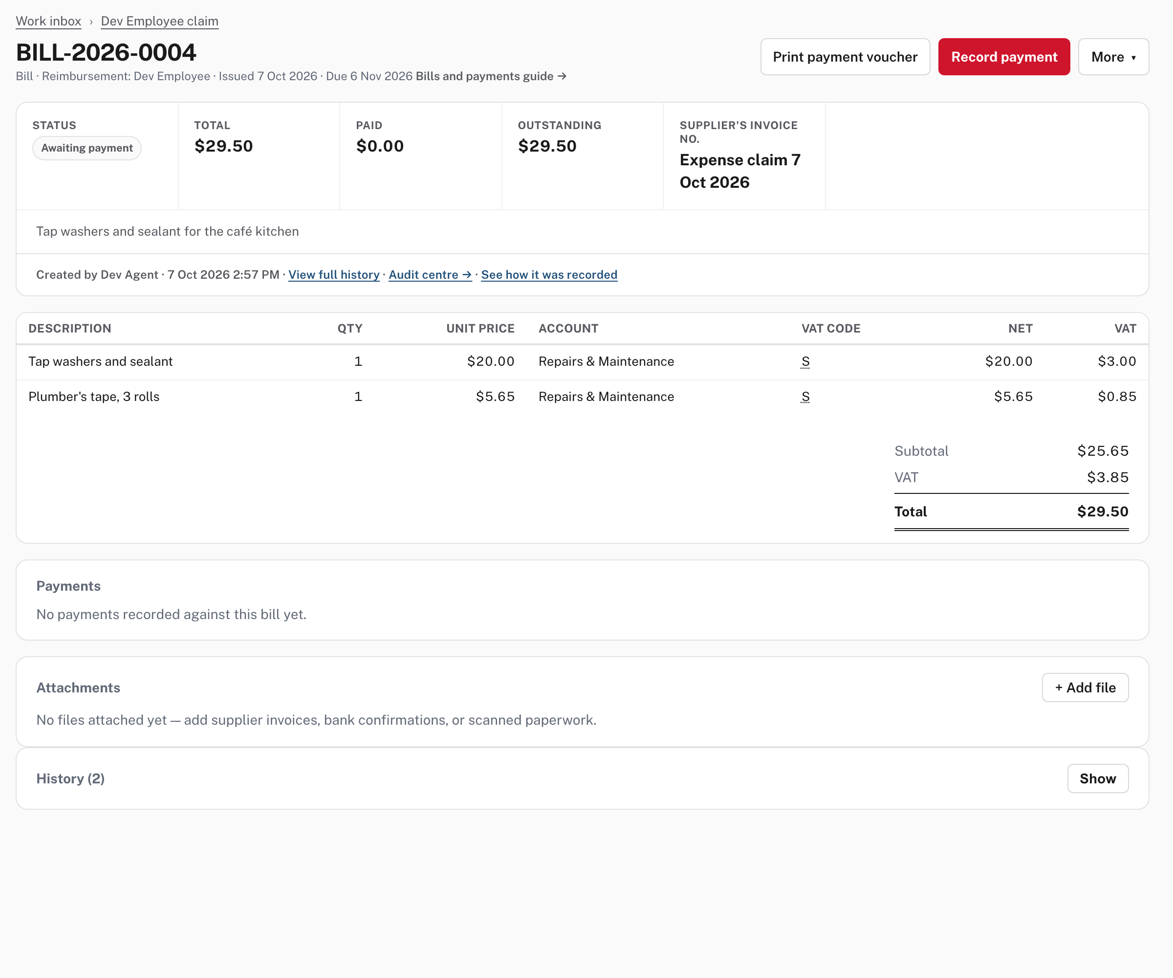 The bill made from the claim: supplier Reimbursement: Dev Employee, the two lines coded, awaiting payment