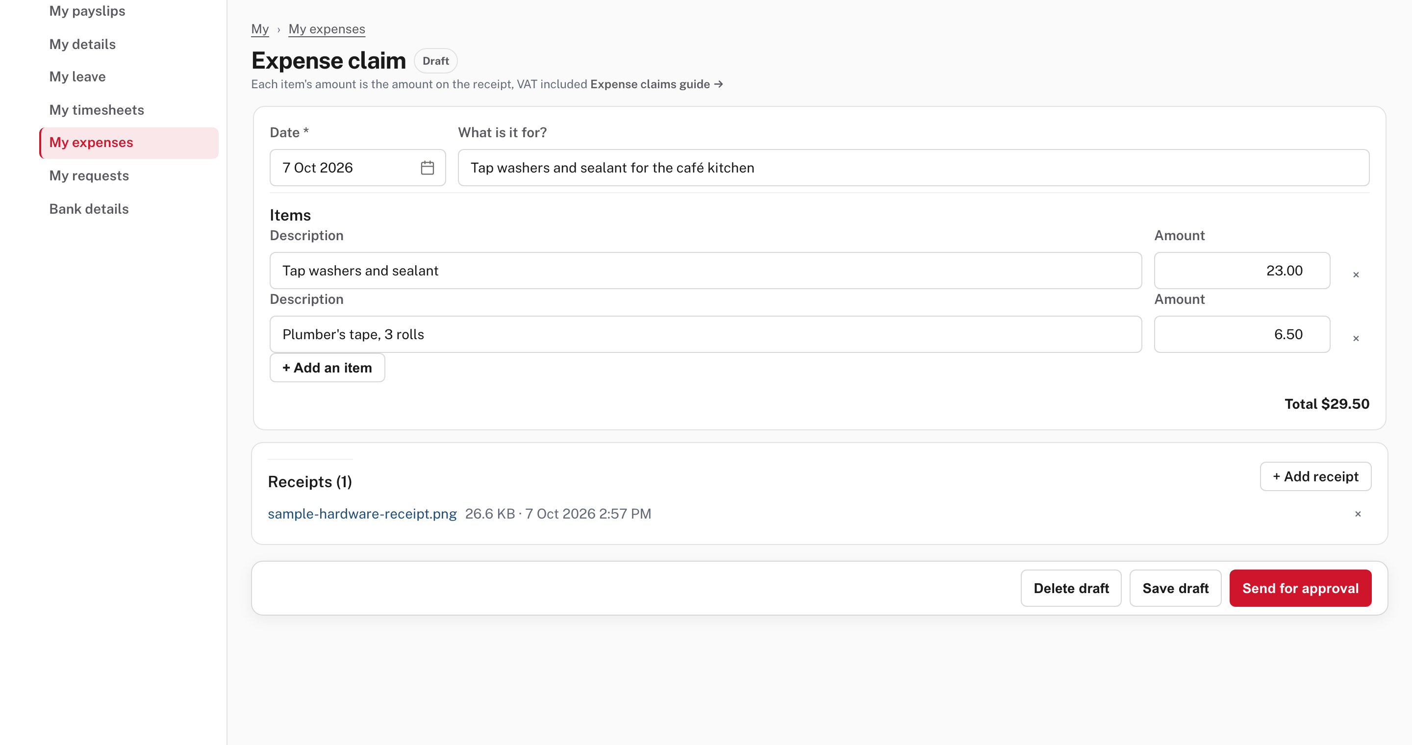 A saved draft claim: date, what it is for, two items, the receipt attached, and Send for approval